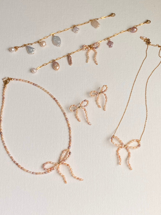 Mixed Color Pearl Ribbon Necklace & Earring Set | Elegant Bow Jewelry | 18K Gold Plated