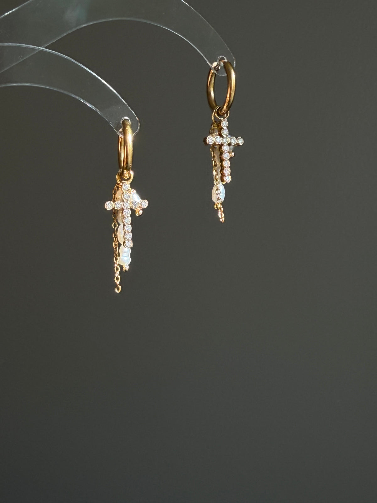 Gloria  Convertible CZ Cross & Pearl Charm Earrings