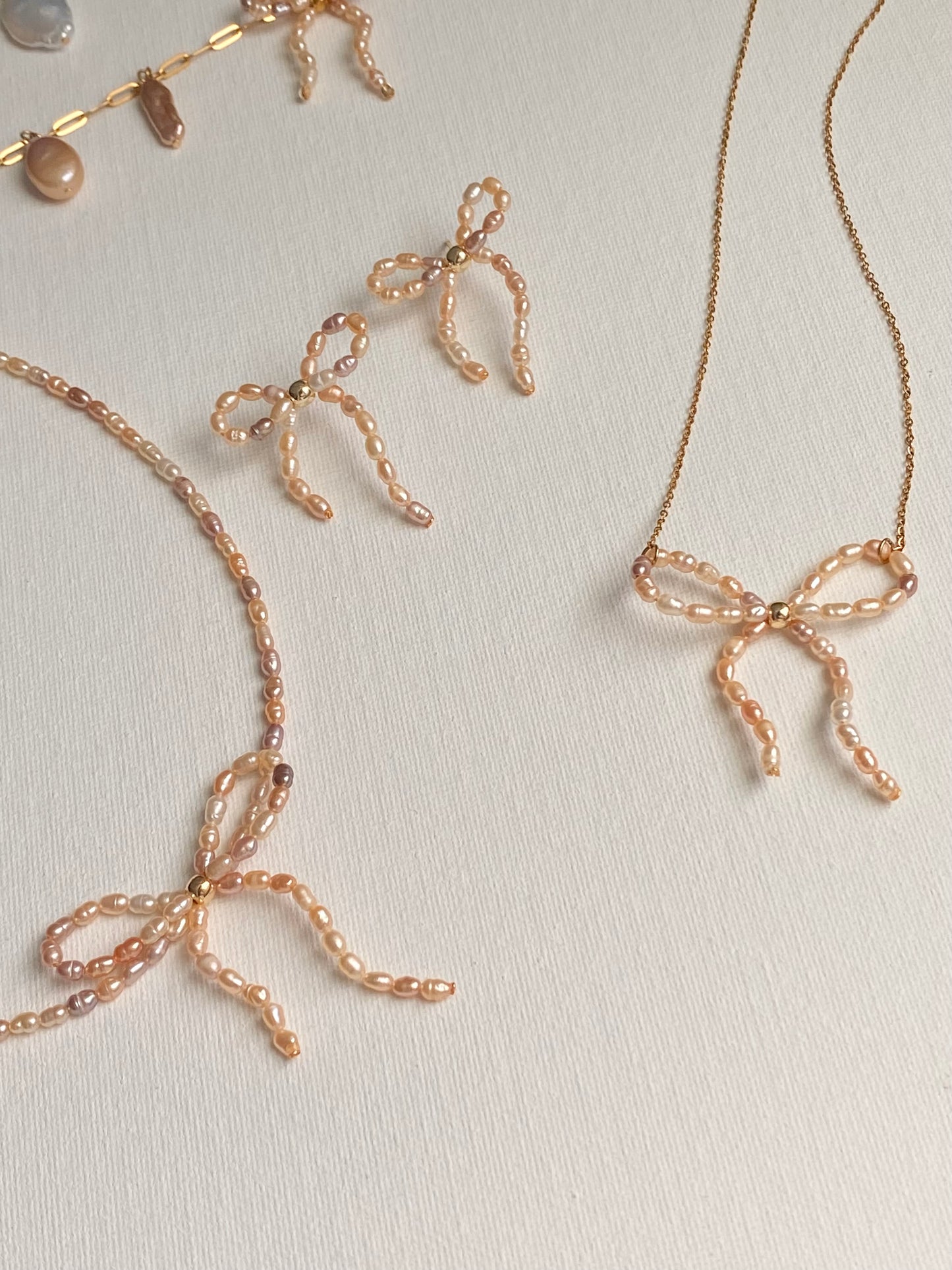 Mixed Color Pearl Ribbon Necklace & Earring Set | Elegant Bow Jewelry | 18K Gold Plated