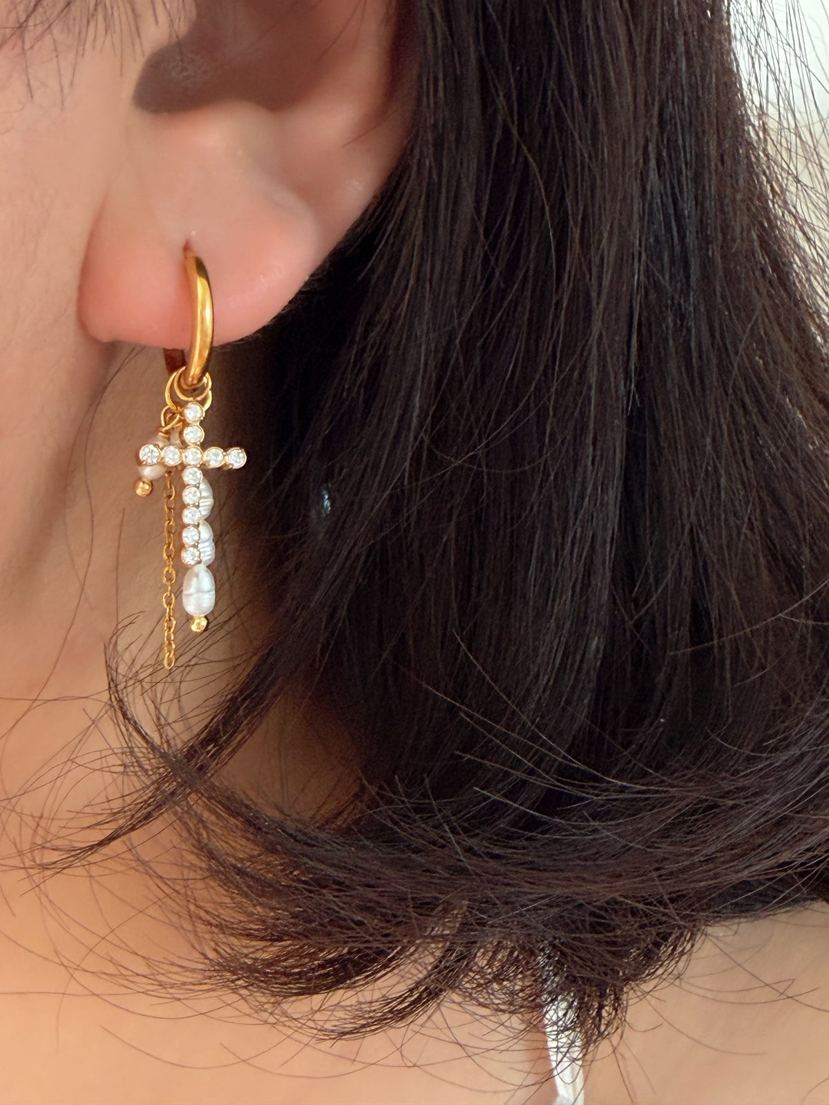 Gloria  Convertible CZ Cross & Pearl Charm Earrings