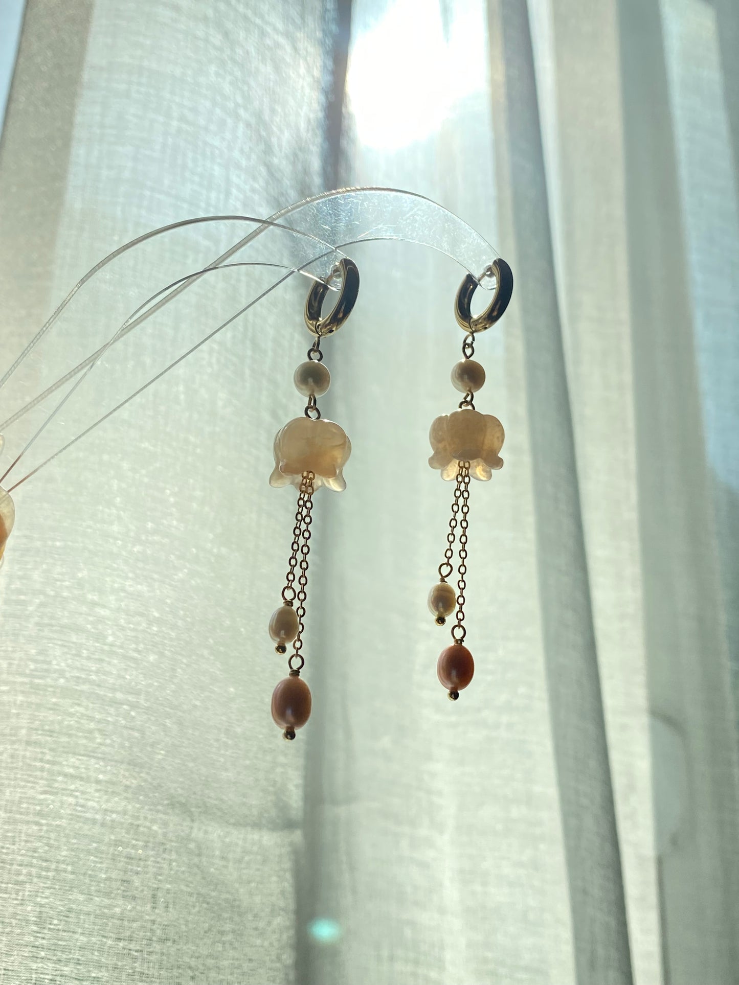 Lily of the Valley Earrings Flower Agate  Pearl Dangle Earrings Elegant Handmade Drop Earrings Bridesmaid Gift for Her Dainty tissue earring