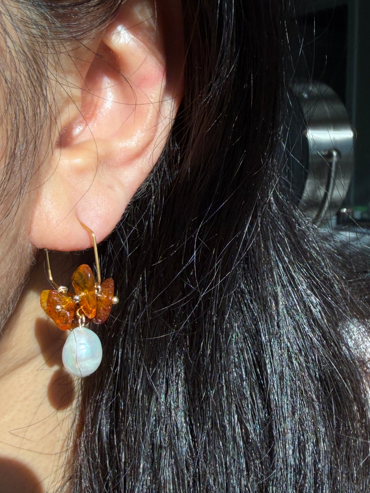 Baltic Amber & Large Baroque Pearl Wreath Hoop Earrings | Autumn Caramel Collection