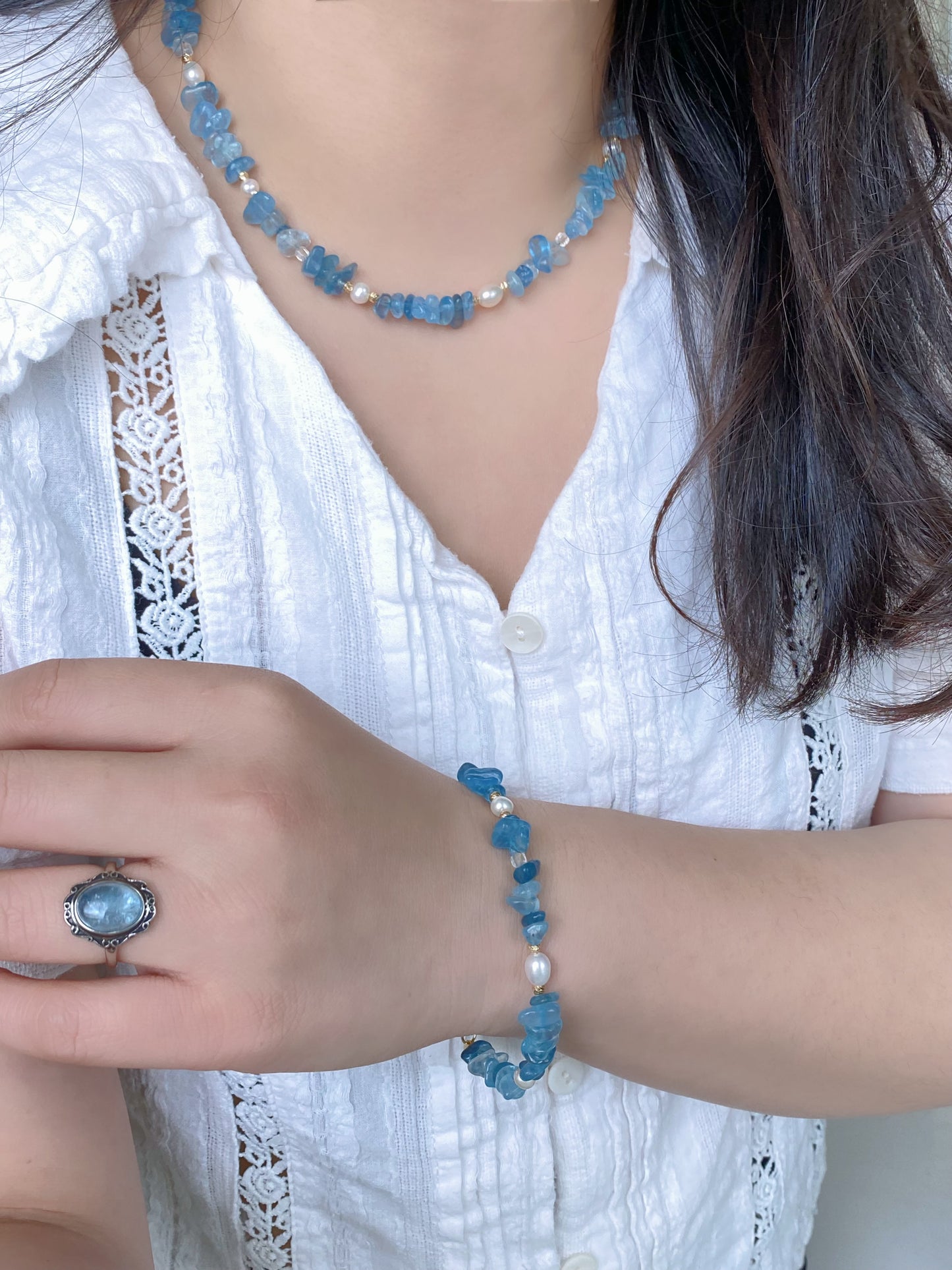 Aquamarine and Pearl Jewelry Necklace Bracelet Earrings 3 Piece Set  Convertible Long Necklace March Birthstone Gift for Her Bridesmaid Gift