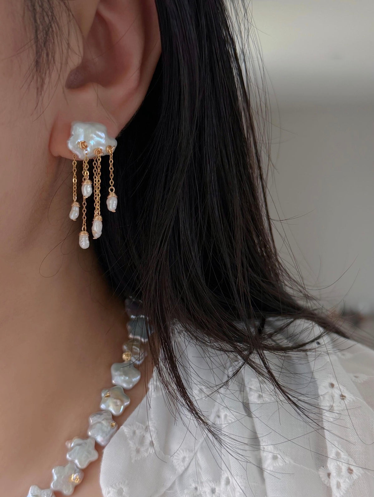Thunderstorm Hand-Drilled Pearl Cloud Earrings | Hand-woven Raindrop Jewelry