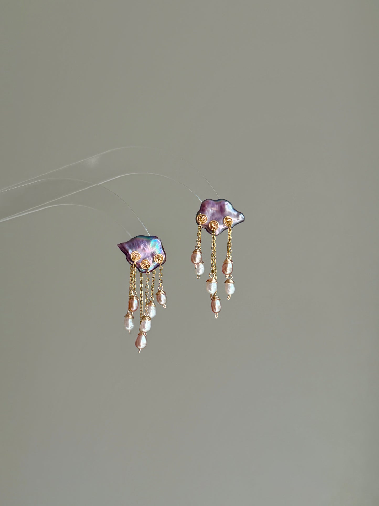 Midnight Deluge Hand-Drilled Pearl Cloud Earrings | Hand-woven Raindrop Jewelry