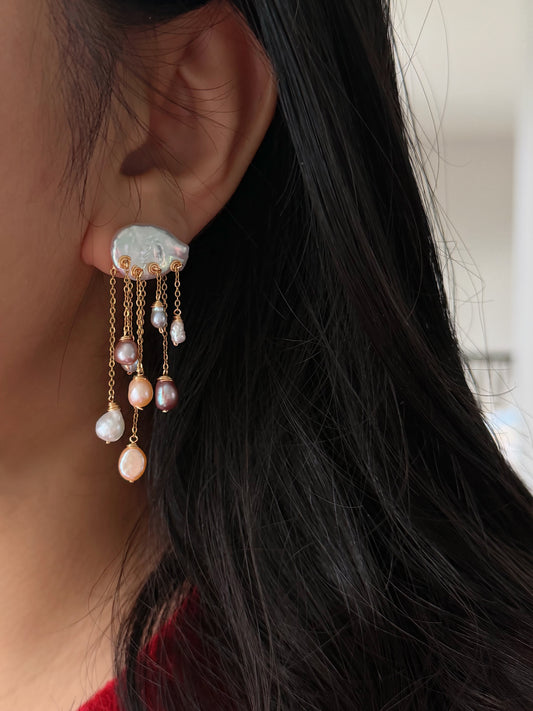 Rainstorm Hand-Drilled Pearl Cloud Earrings | Hand-woven Raindrop Jewelry