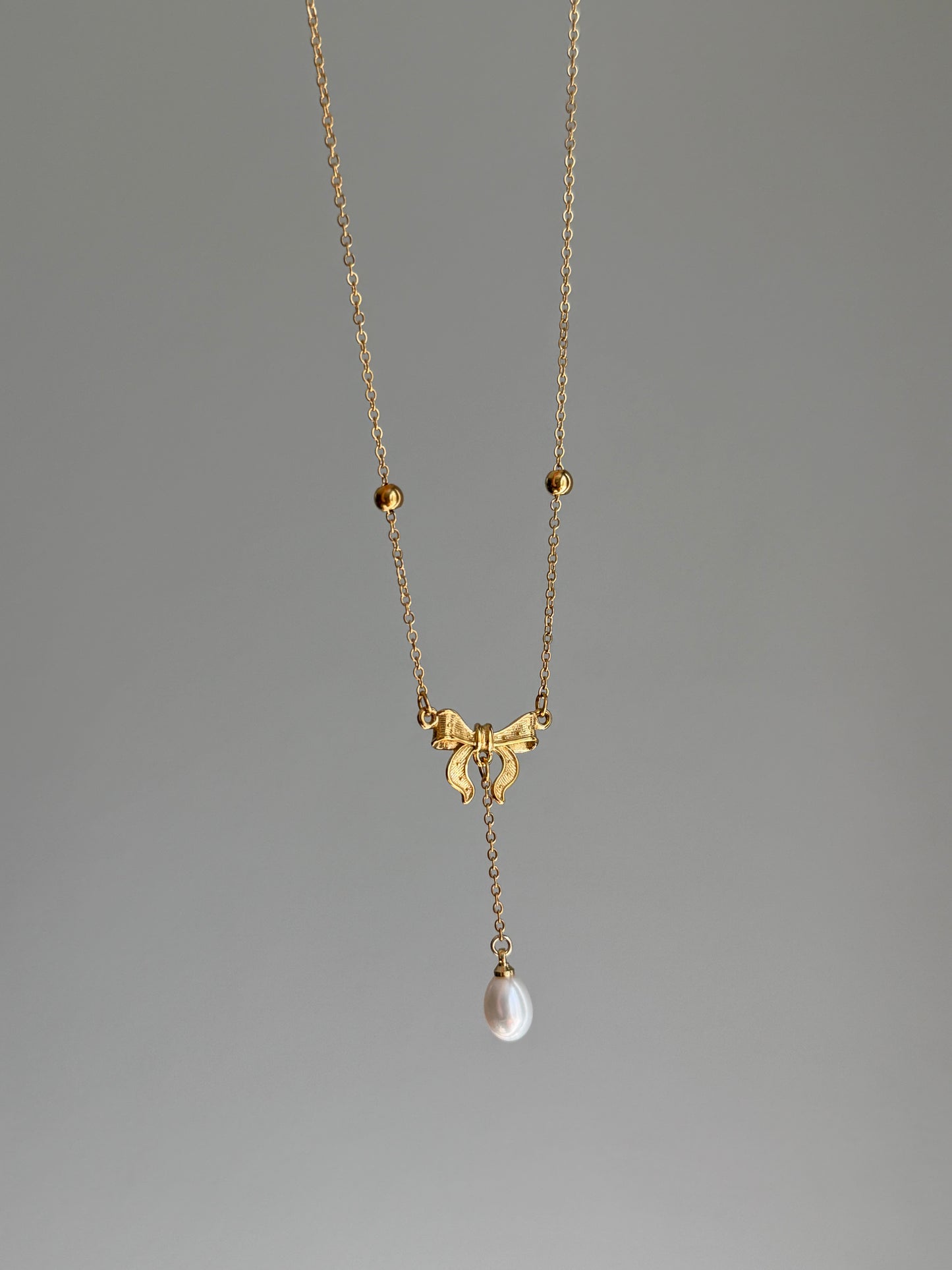 Gold Bow Tie Pearl Drop Y Necklace Vintage Romantic Jewelry