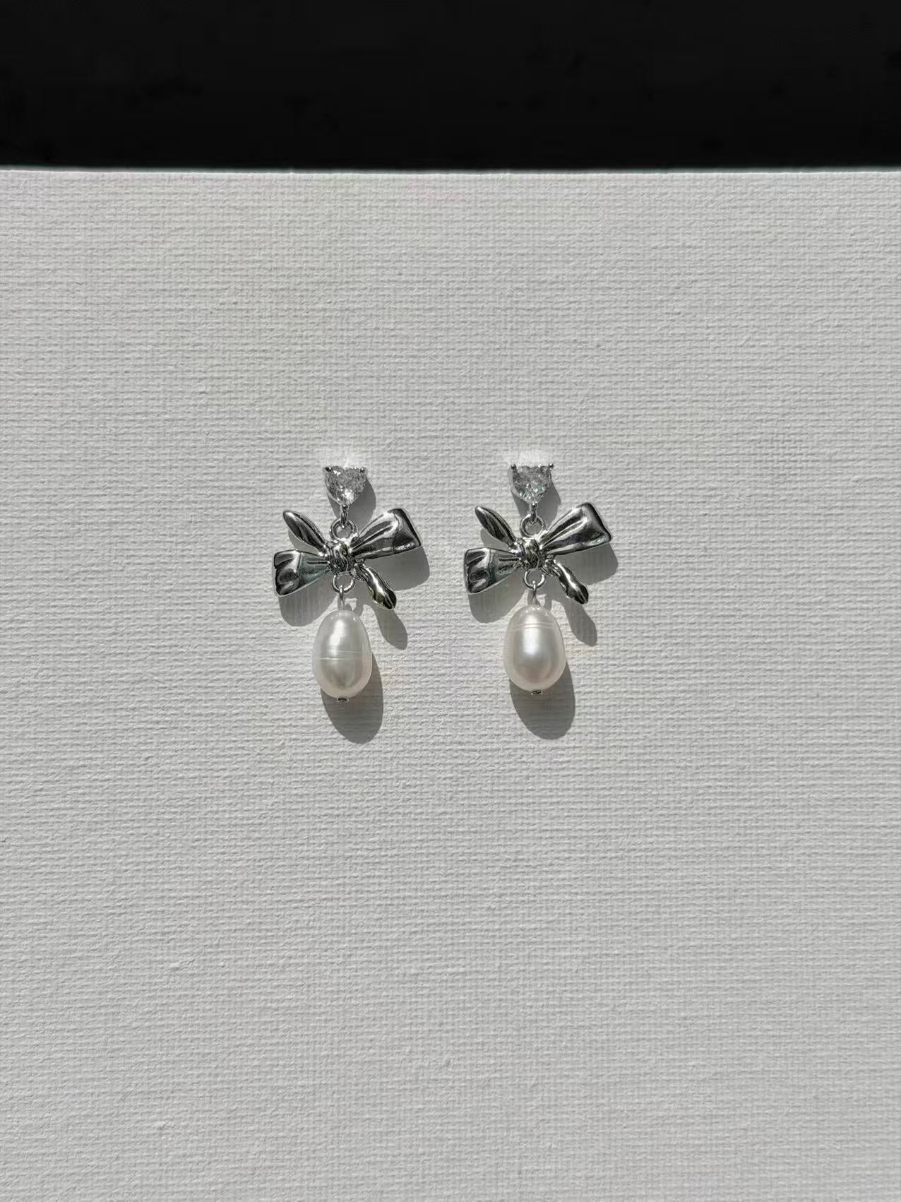 Heart Zirconia Bow Pearl Earrings Vintage Coquette Jewelry