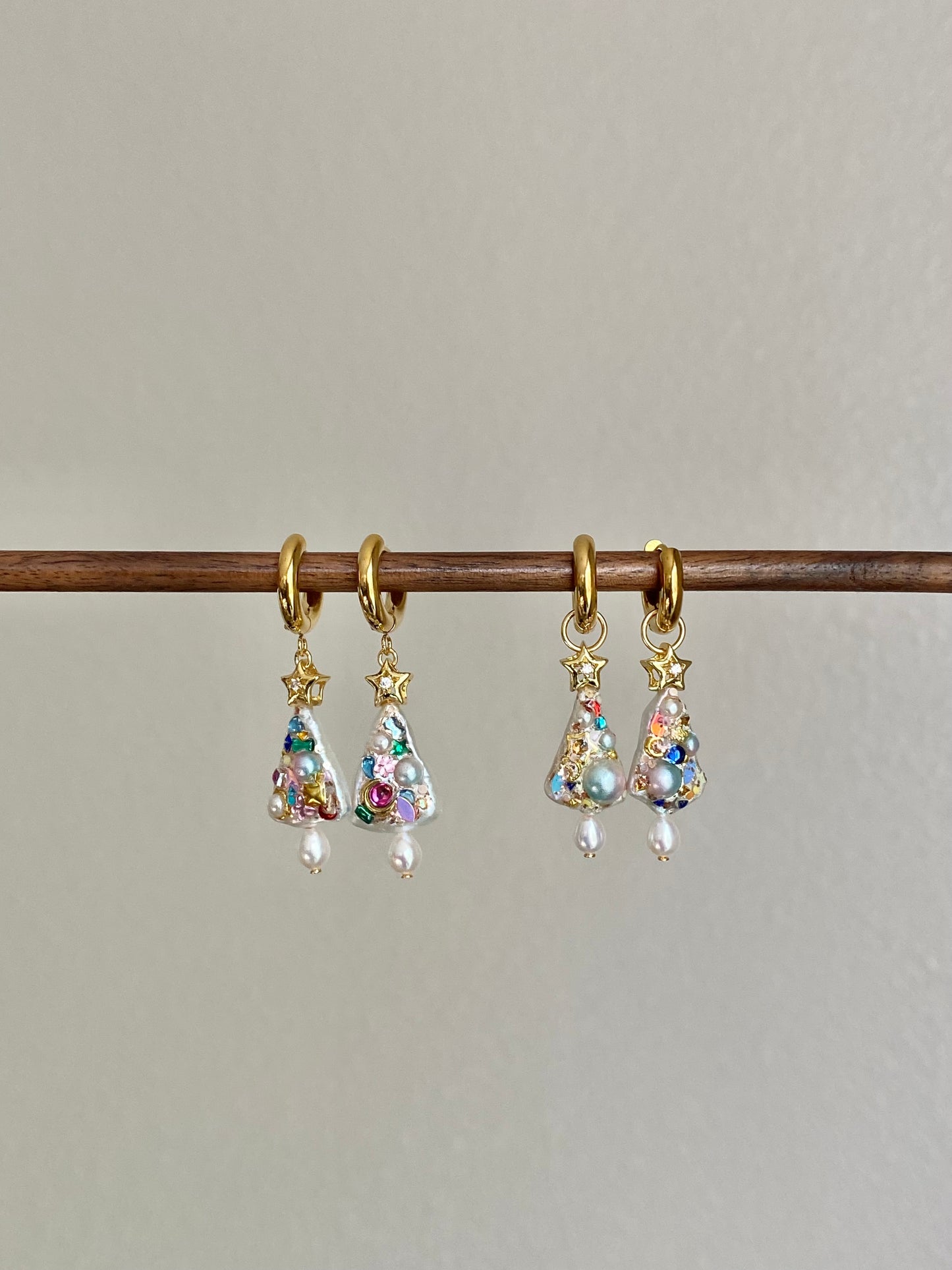 Handmade Christmas Tree Dangle Earrings | Unique Baroque Pearl Drops | Tarnish-Free Hoops