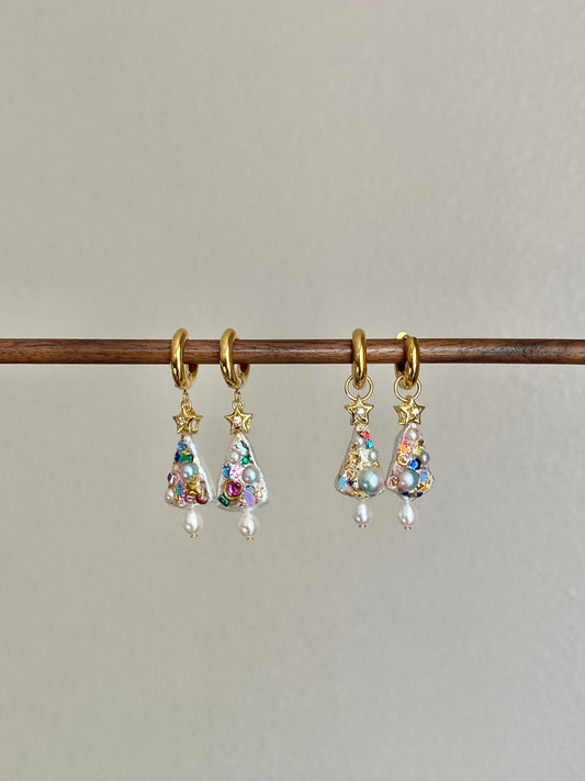 Handmade Christmas Tree Dangle Earrings | Unique Baroque Pearl Drops | Tarnish-Free Hoops