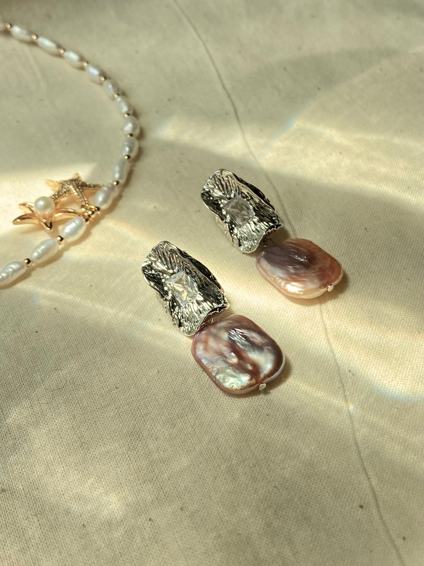 Asymmetrical Baroque Pearl Earrings  Iridescent Rectangle Pearls  Textured Silver Studs Minimalist Statement earring gift for her