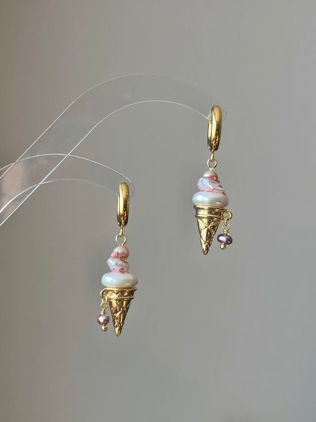 Ice Cream Pearl Drop Earrings Whimsical Gold Huggie Jewelry