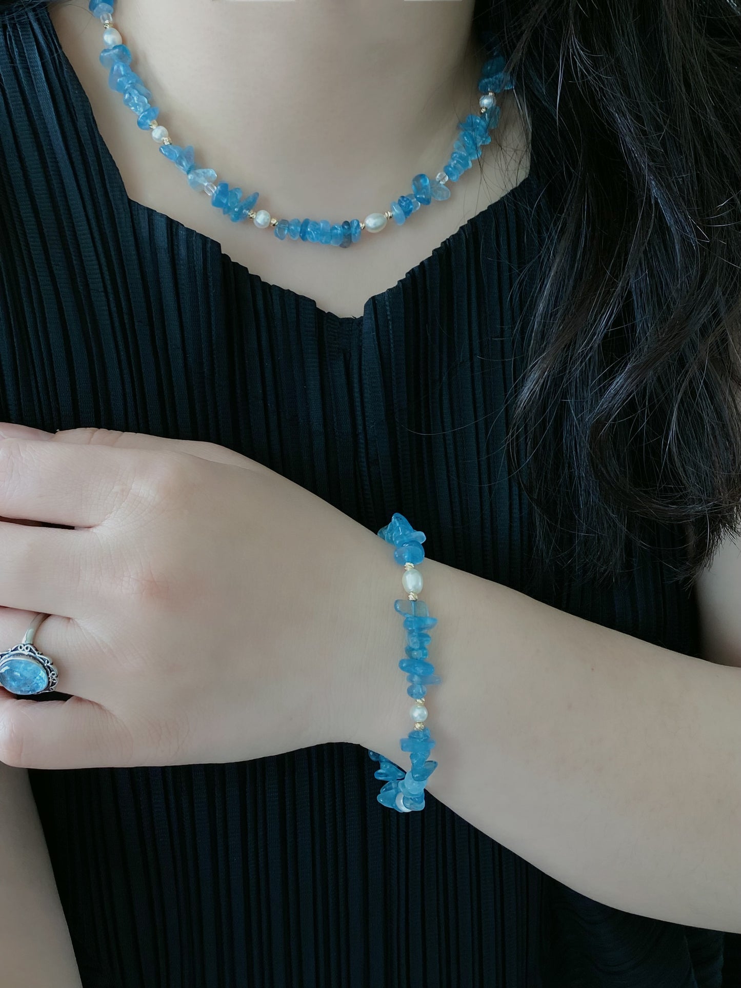 Aquamarine and Pearl Jewelry Necklace Bracelet Earrings 3 Piece Set  Convertible Long Necklace March Birthstone Gift for Her Bridesmaid Gift