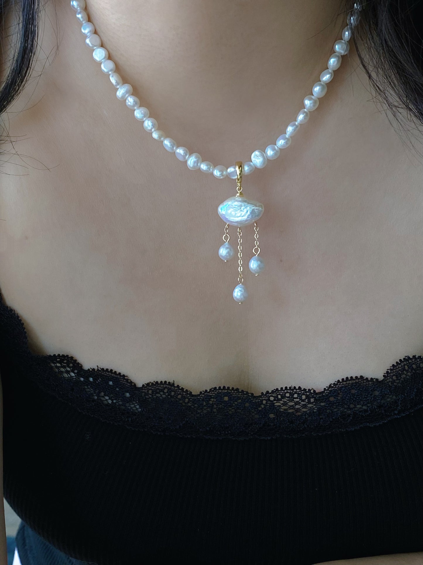 Cloud  Moon Light Baroque Pearl Necklace Pendant Dangling Earrings Multi-Wear Jewelry