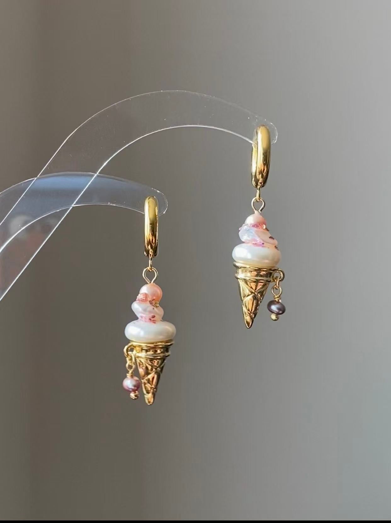 Ice Cream Pearl Drop Earrings Whimsical Gold Huggie Jewelry