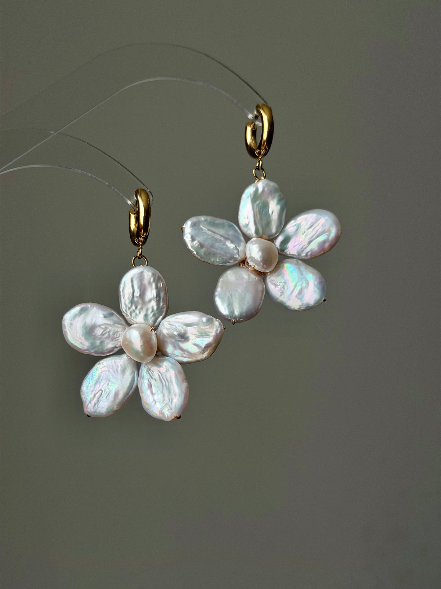 Cherry Blossom Baroque Pearl Earrings Jumbo Chunky Floral Dangle Earrings Handmade Statement Flower Pearl Earrings Spring Jewelry Gift