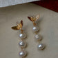 Baroque Triple Pearl Drop Earrings with Gold Hummingbird Studs – Elegant Nature-Inspired Statement Weddings Earrings