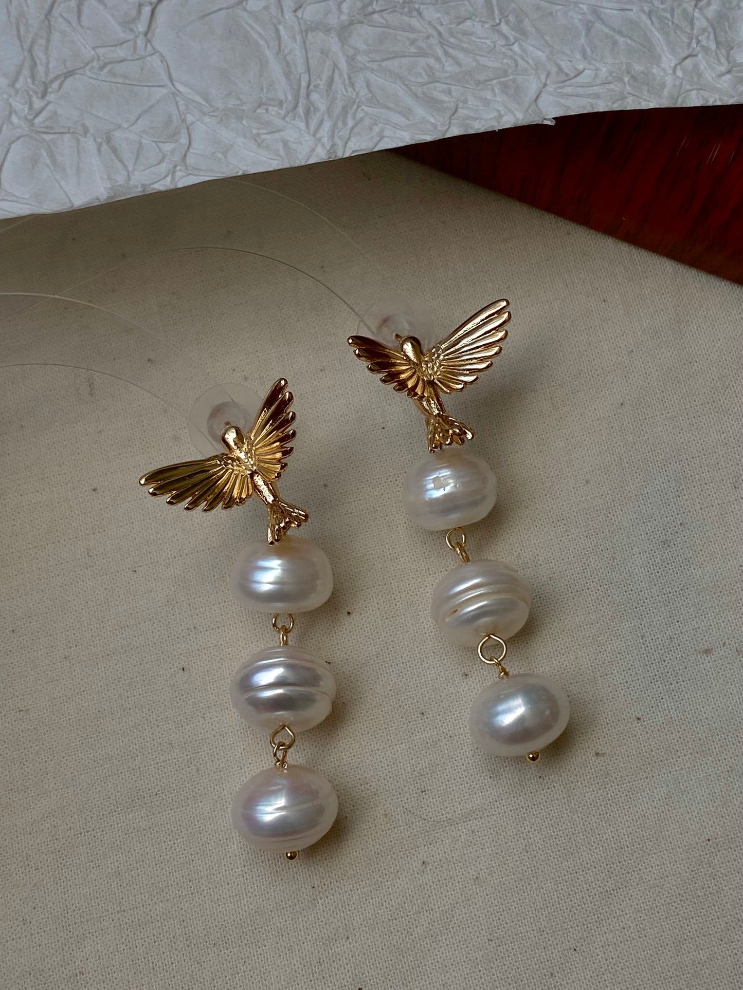 Baroque Triple Pearl Drop Earrings with Gold Hummingbird Studs – Elegant Nature-Inspired Statement Weddings Earrings