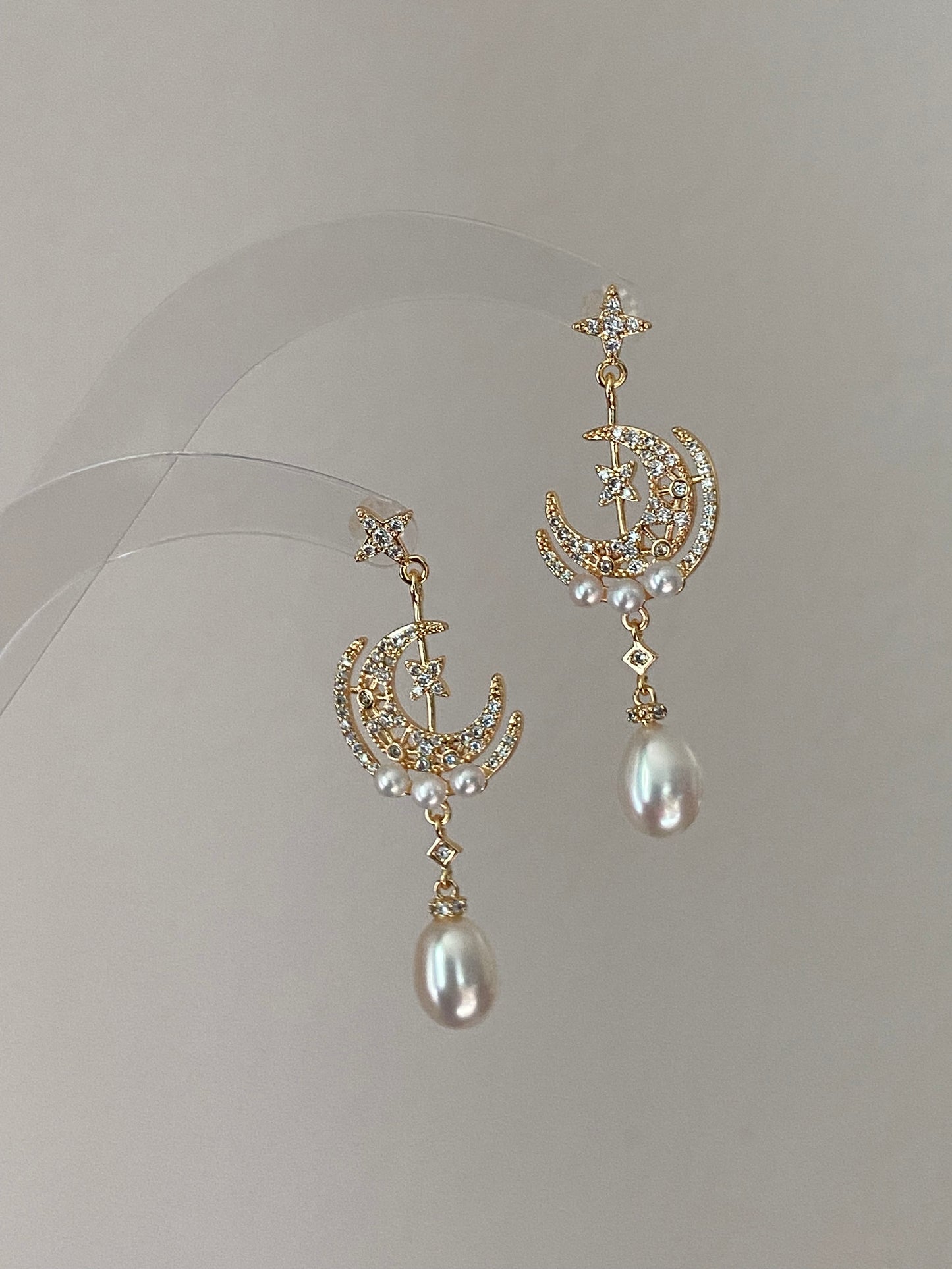 Star & Moon Pearl Dangle Earrings | High Luster Bridal Jewelry | 18K Gold Plated - Jinger Crafting