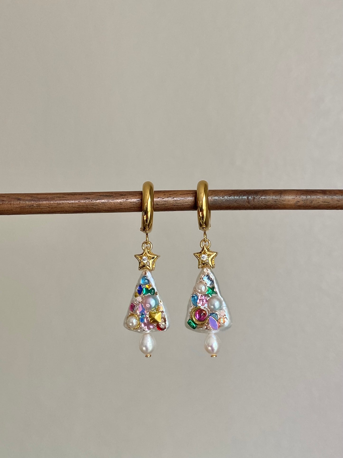 Handmade Christmas Tree Dangle Earrings | Unique Baroque Pearl Drops | Tarnish-Free Hoops