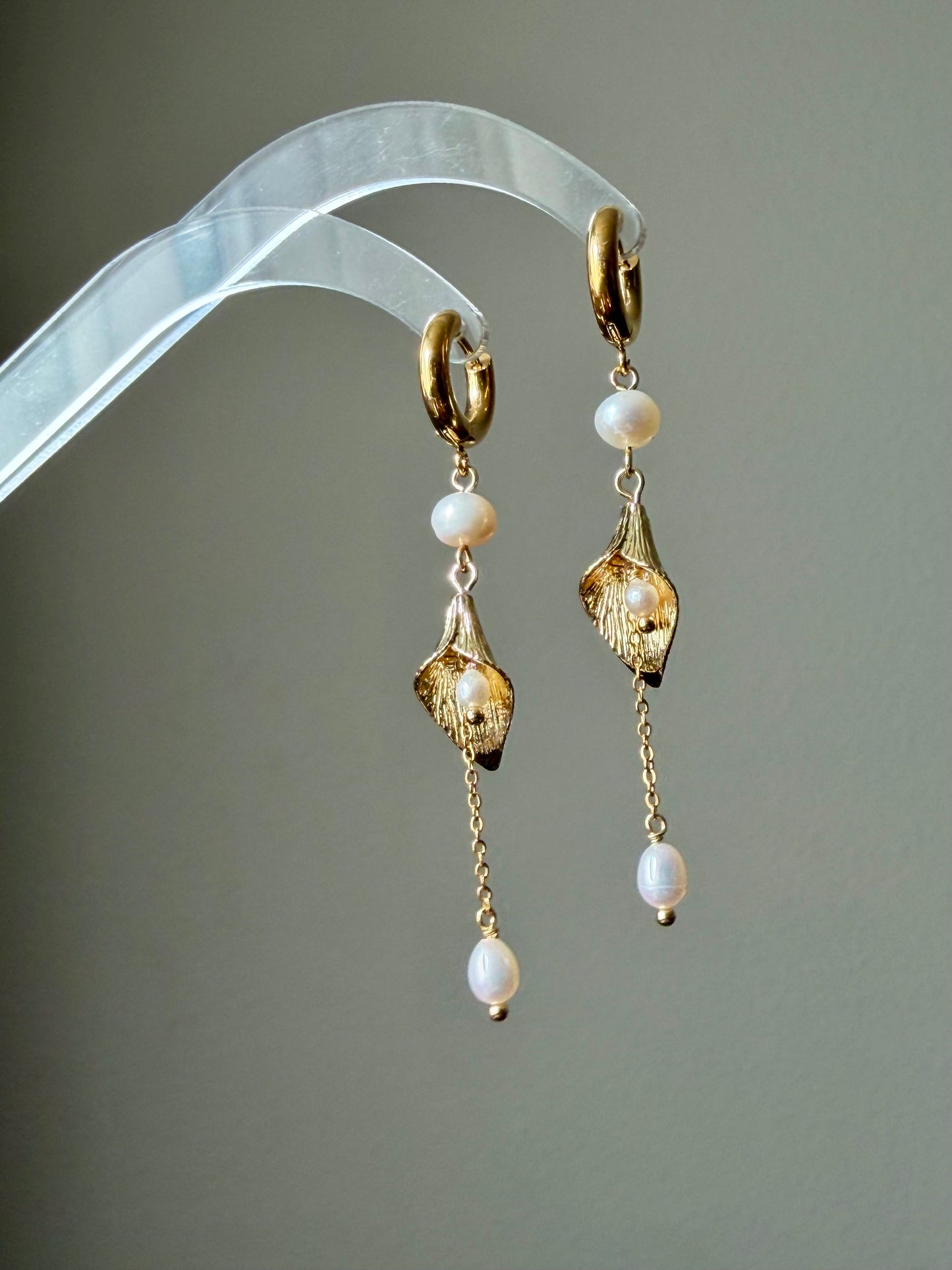 Gold Floral Calla Lily Pearl Tassel Dangle  Earrings  Wedding Bridal Jewelry  Elegant Statement Gift
