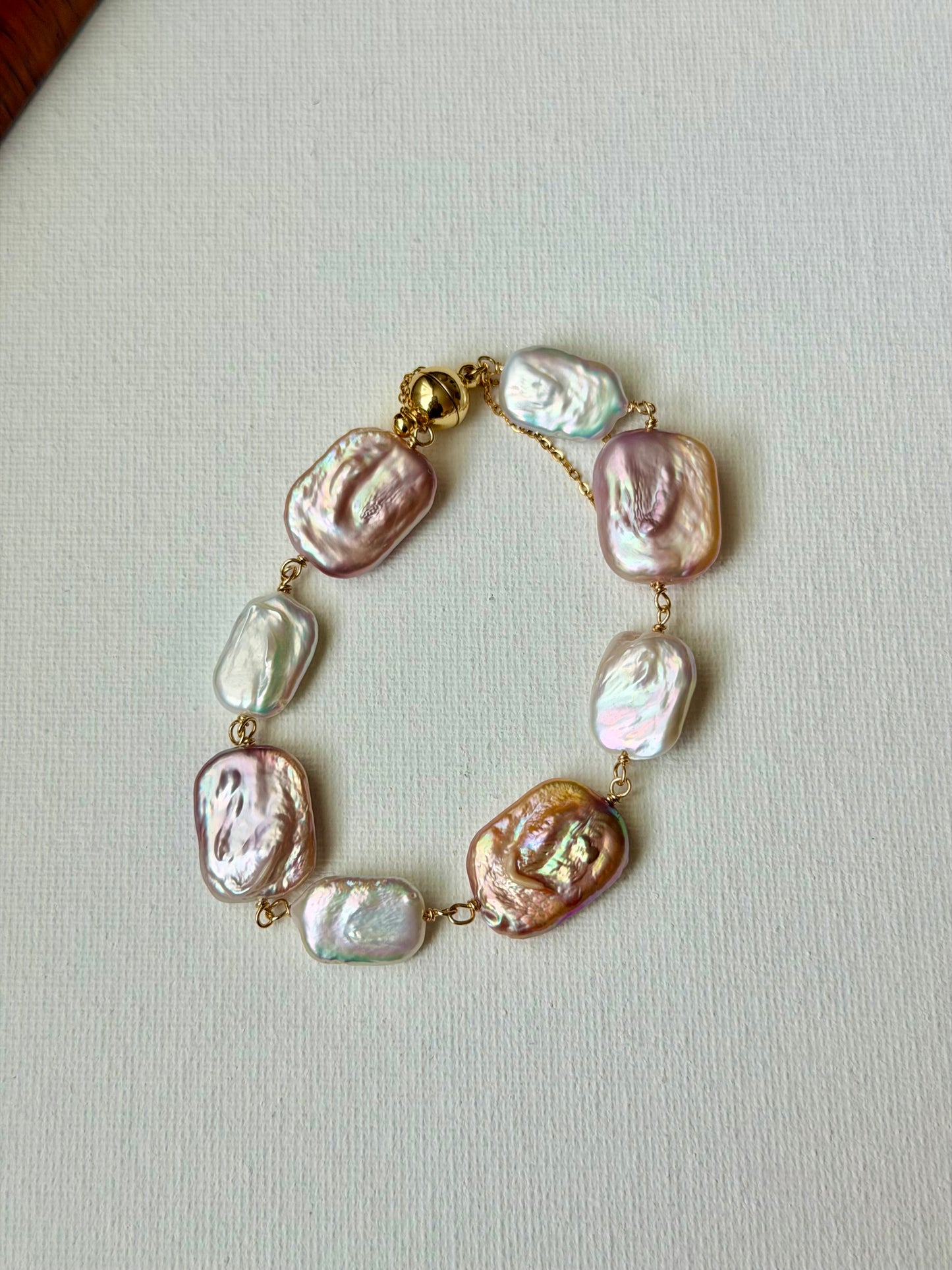 Baroque Pearl Magnetic Clasp Bracelet with Safety Chain – Natural Iridescent Freshwater Pearls, Gold Filled, Handmade Elegant Gift for Her