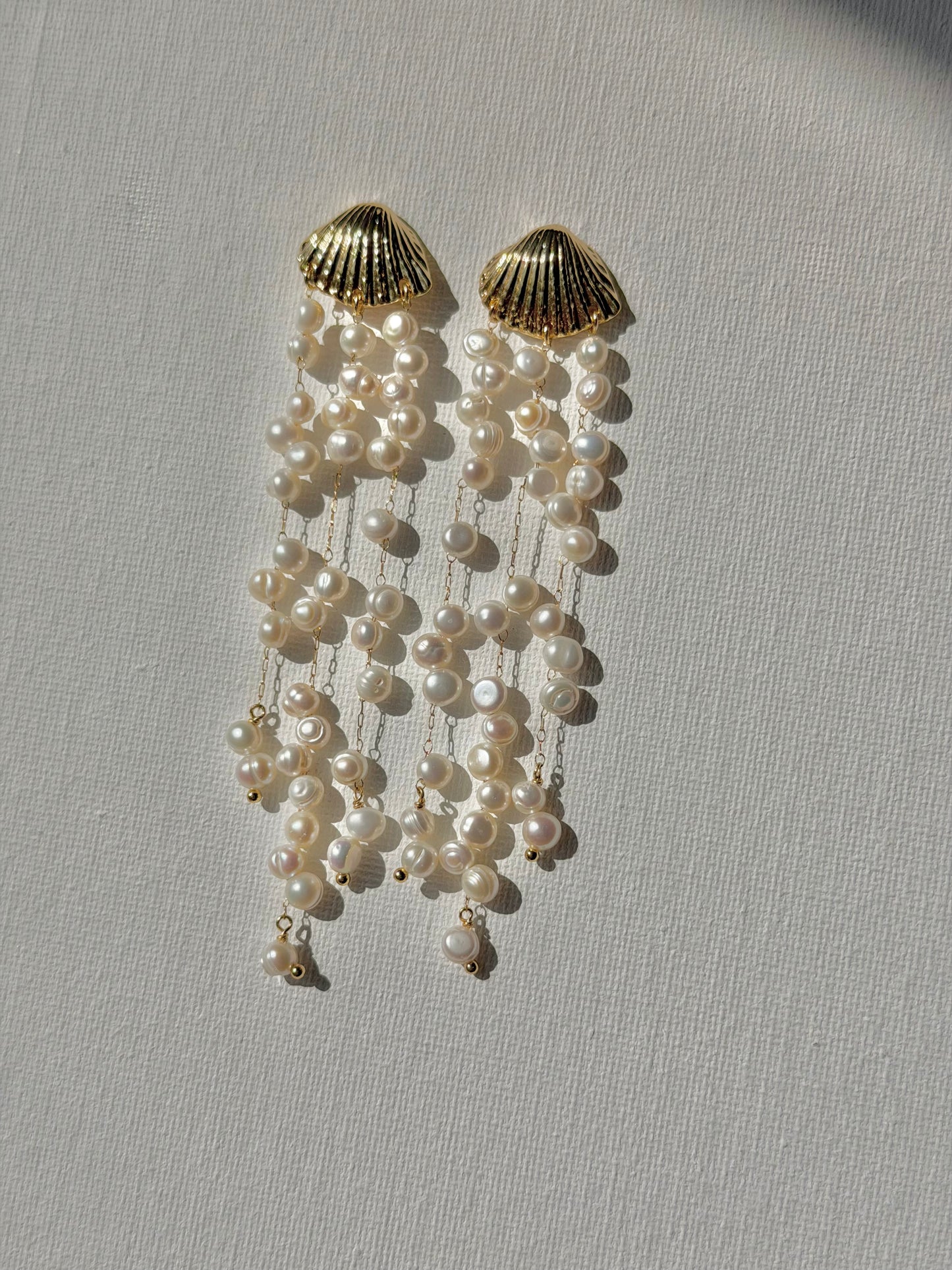 Ocean Breeze 14K Gold filled Shell baroque Keshi pearl tassel long Earring