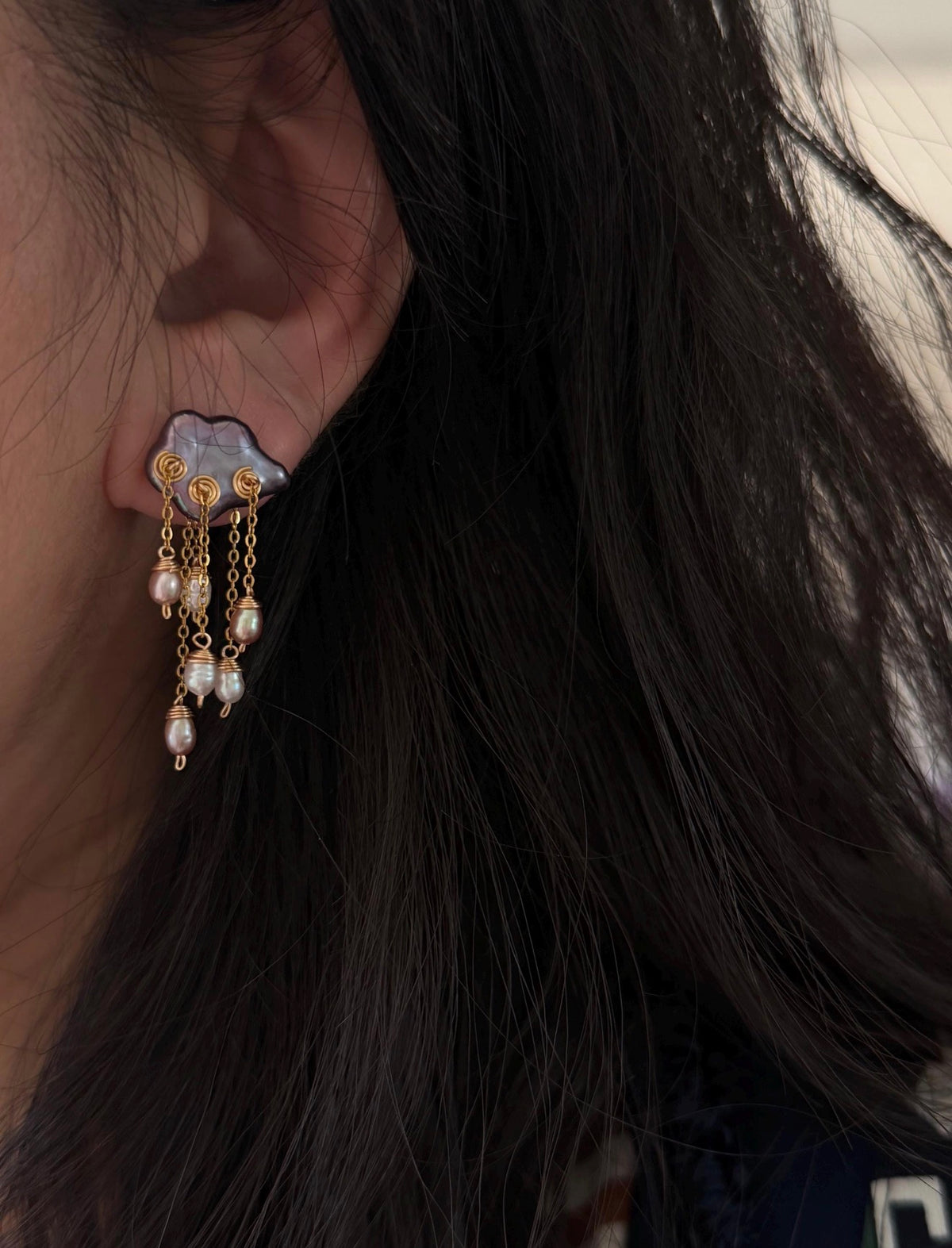 Midnight Deluge Hand-Drilled Pearl Cloud Earrings | Hand-woven Raindrop Jewelry