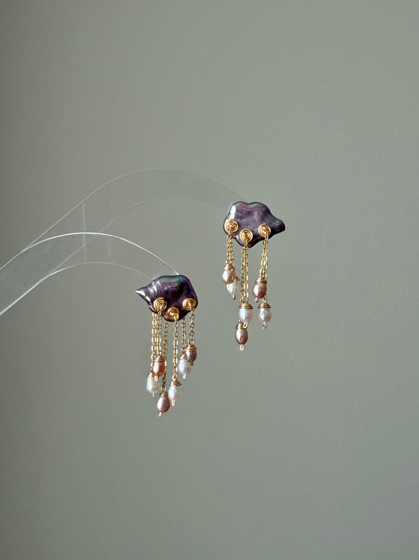 Midnight Deluge Hand-Drilled Pearl Cloud Earrings | Hand-woven Raindrop Jewelry