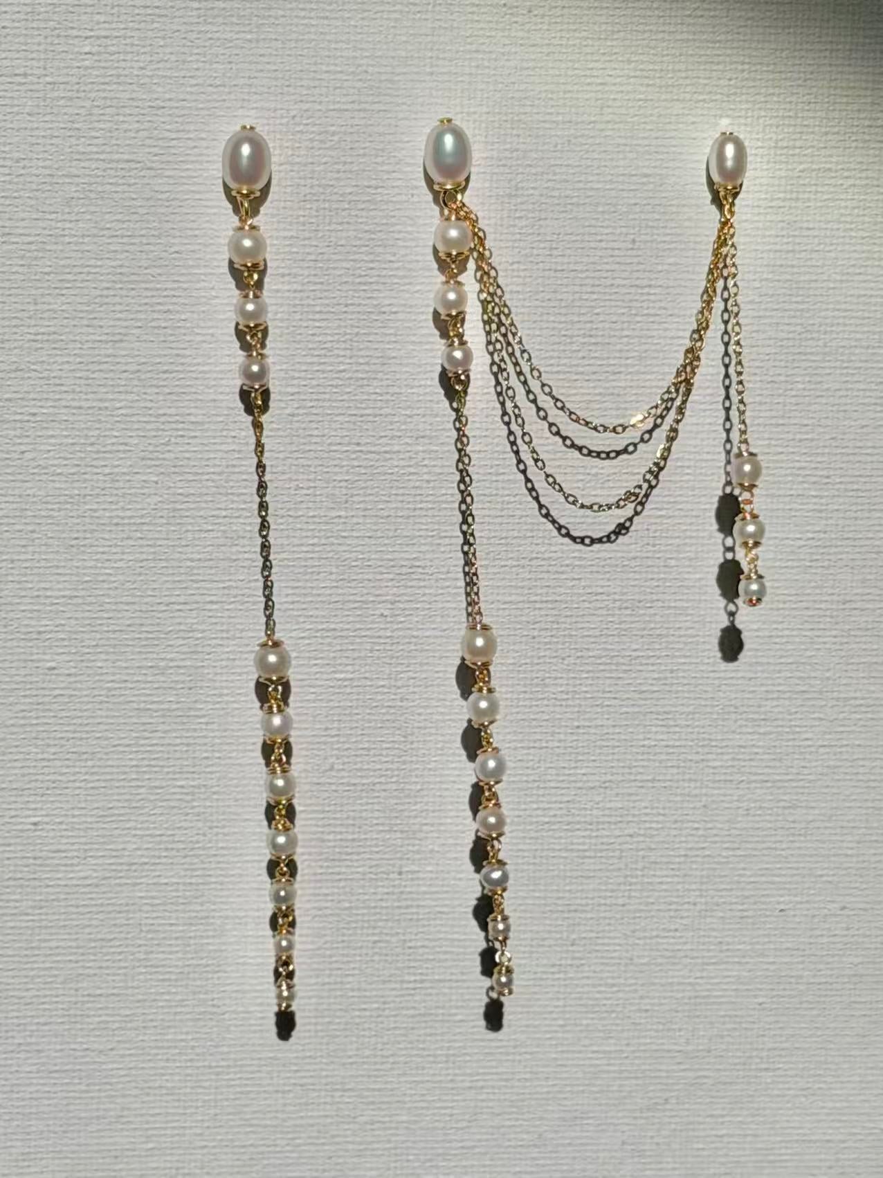 Extra Long Pearl Drop Earrings Asymmetric Gold Chain Dangles Earring