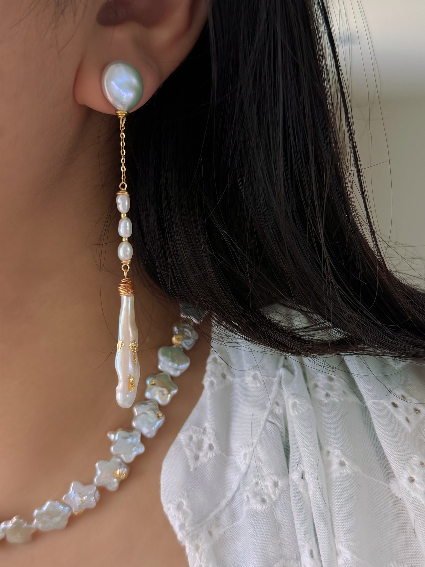 Nora Lunar Tassel Dangle Earrings  Moon Coin Pearl  Baroque Stick Pearl Drop  Long Celestial Statement Earring Bridesmaid Gift