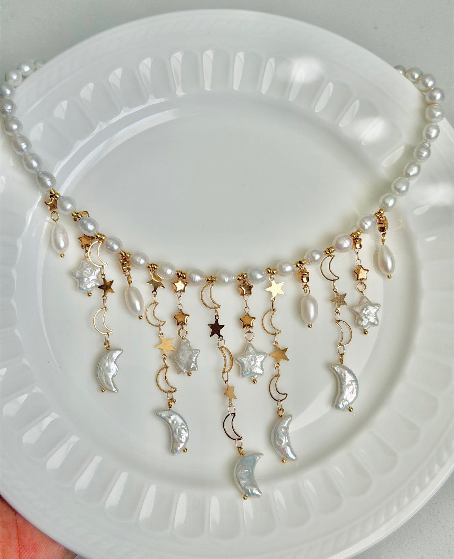 Moon & Star Baroque Pearl Necklace | LUNA Collection, Celestial Freshwater Pearl Fringe Necklace, Handmade Bridal Jewelry