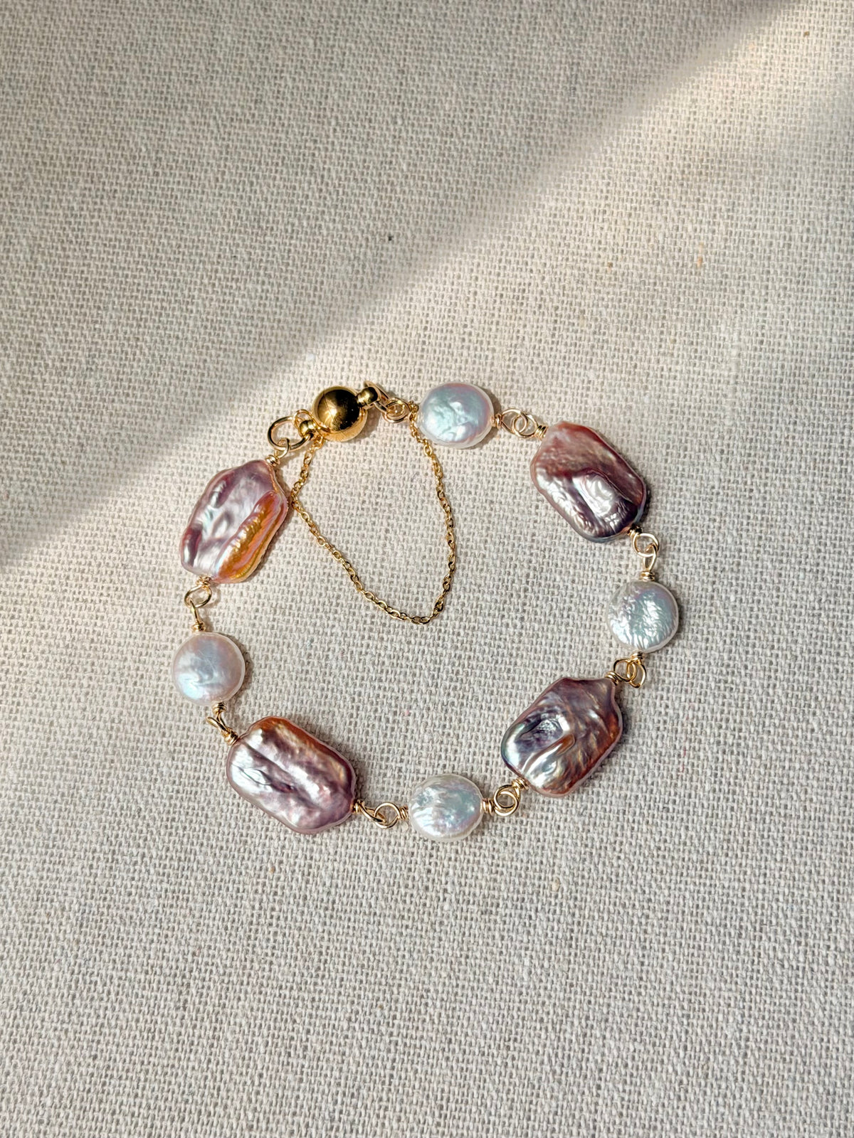 Mauve Rectangular & Coin Freshwater Pearls, Magnetic Clasp Bracelet