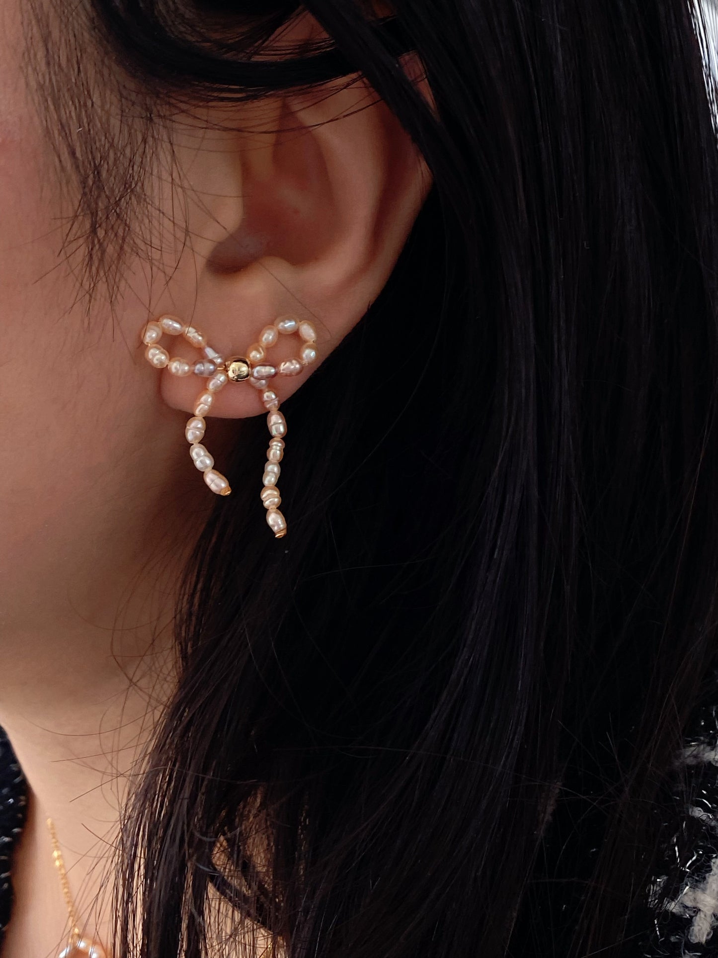 Mixed Color Pearl Ribbon Necklace & Earring Set | Elegant Bow Jewelry | 18K Gold Plated