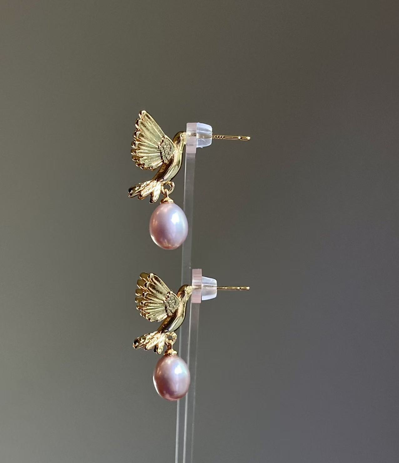 Gold Hummingbird Pearl Drop Earrings Nature Inspired Jewelry
