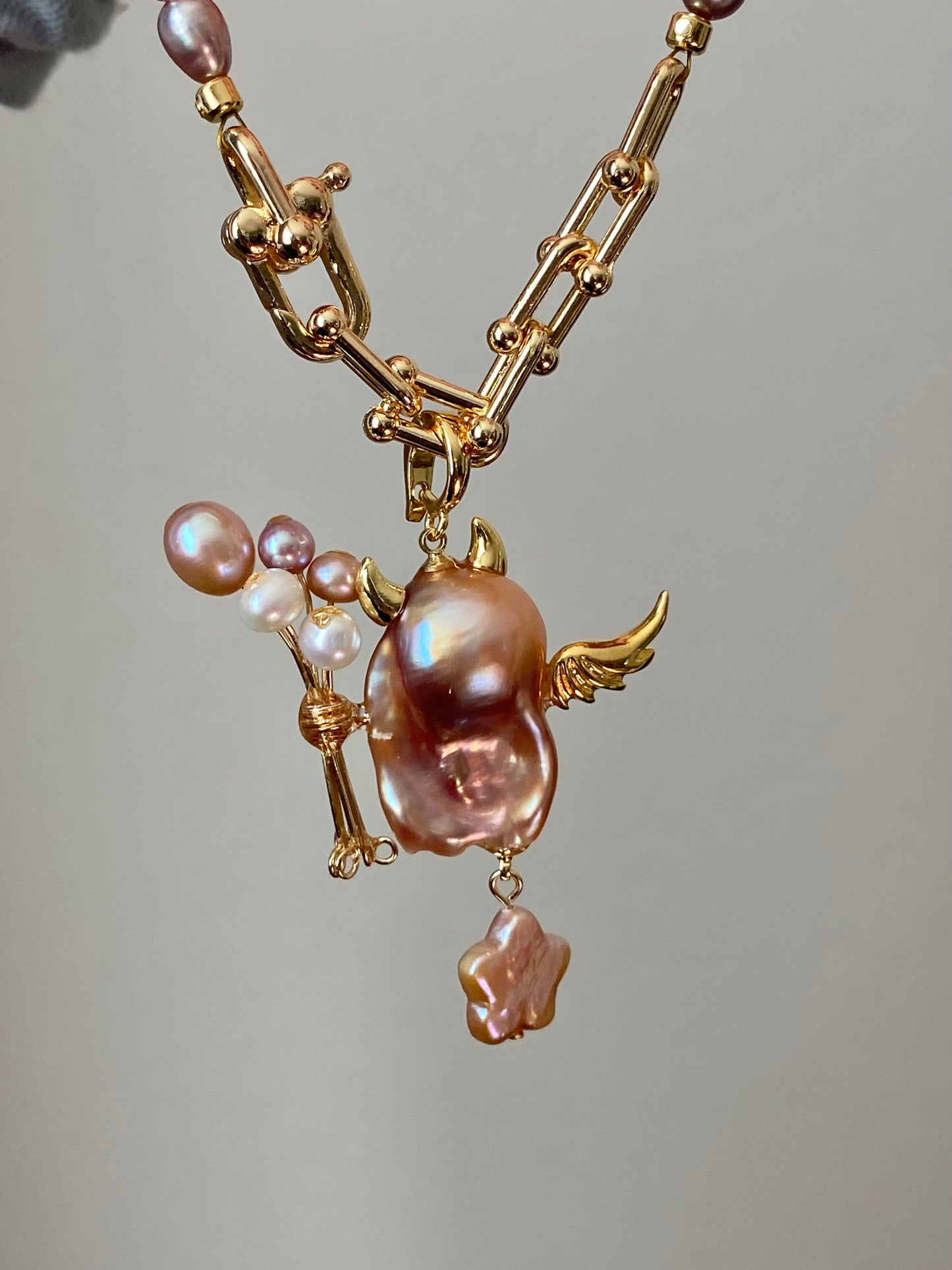 Balloon Pearl Necklace – Handmade Baroque Pearl Devil or Santa Statement Jewelry