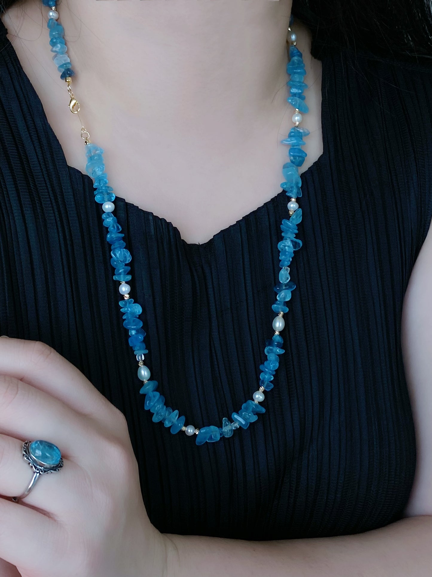 Aquamarine and Pearl Jewelry Necklace Bracelet Earrings 3 Piece Set  Convertible Long Necklace March Birthstone Gift for Her Bridesmaid Gift