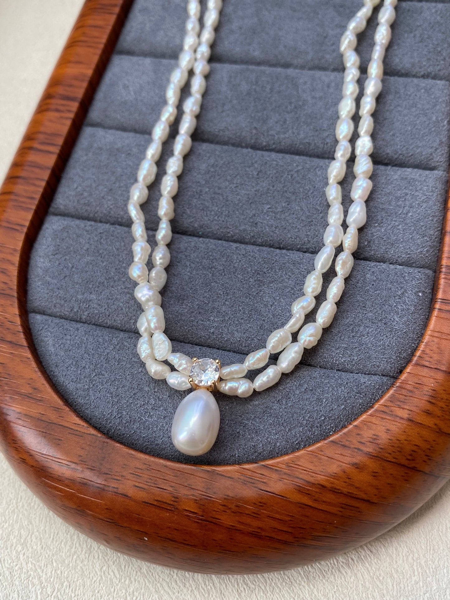 2-4MM Double Layer Pearl Necklace | Baroque Princess Style | Bridal Zircon Pendant | Elegant Wedding Gift for Her | 18K Gold Plated