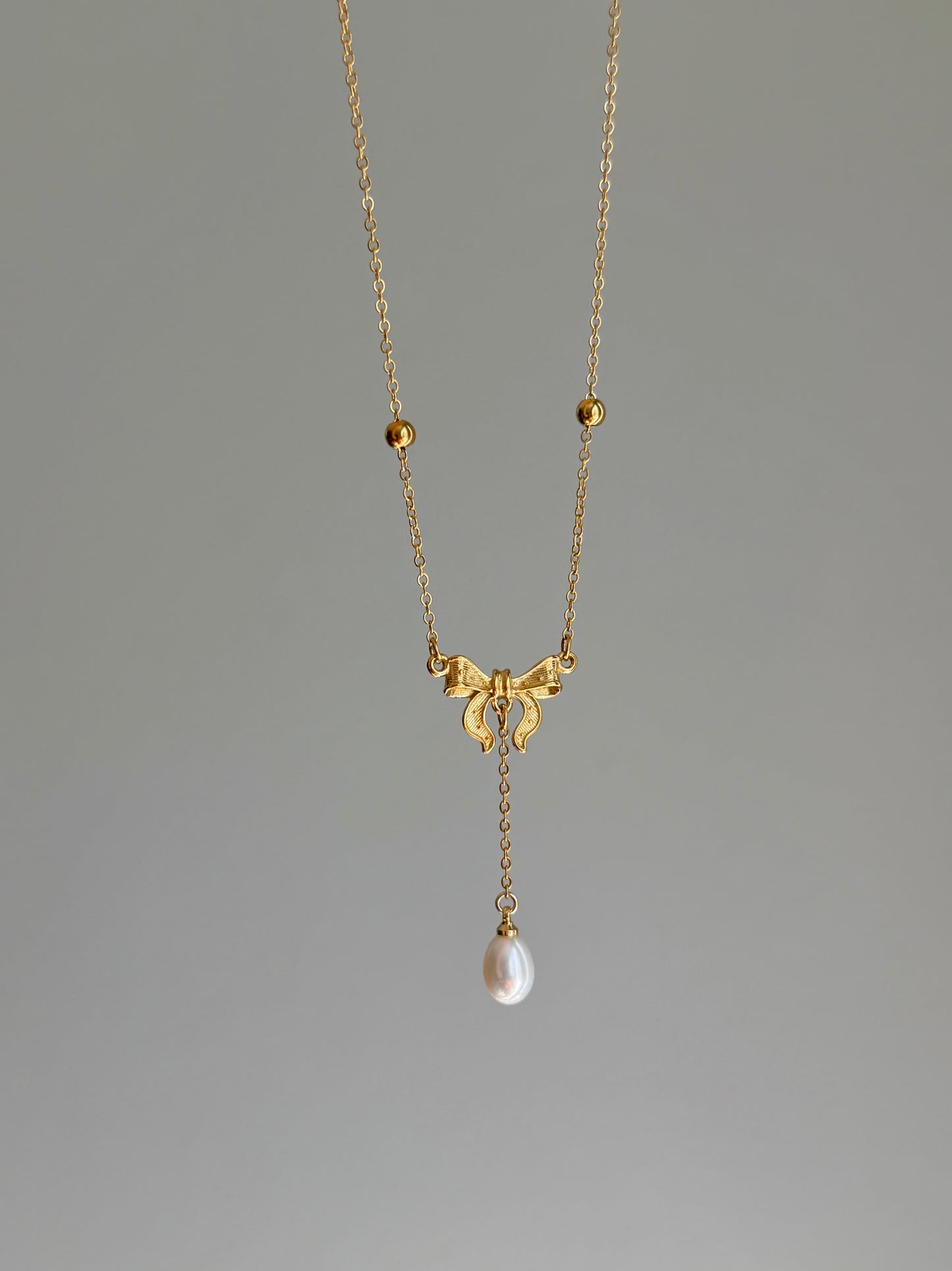 Gold Bow Tie Pearl Drop Y Necklace Vintage Romantic Jewelry