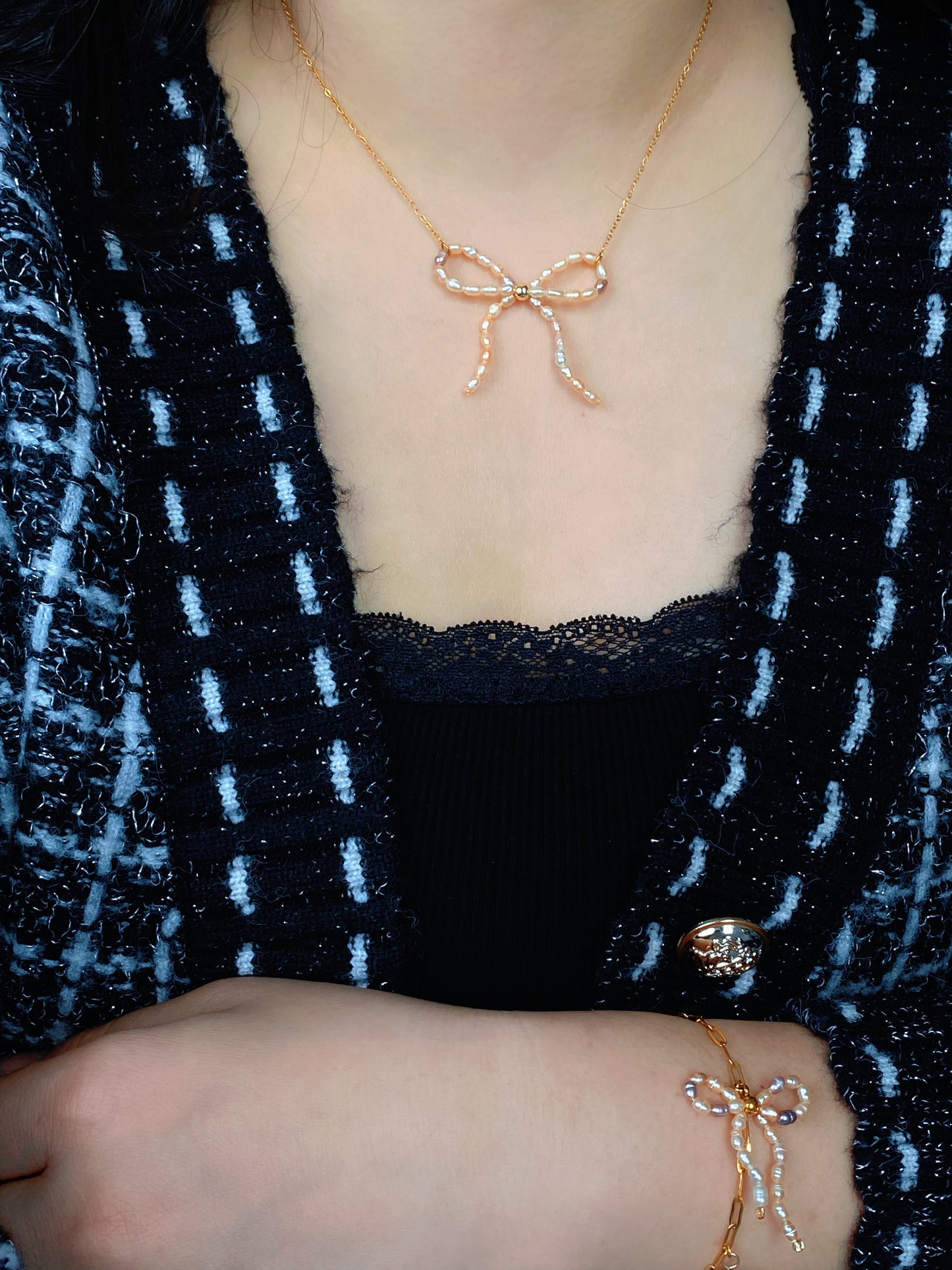 Mixed Color Pearl Ribbon Necklace & Earring Set | Elegant Bow Jewelry | 18K Gold Plated