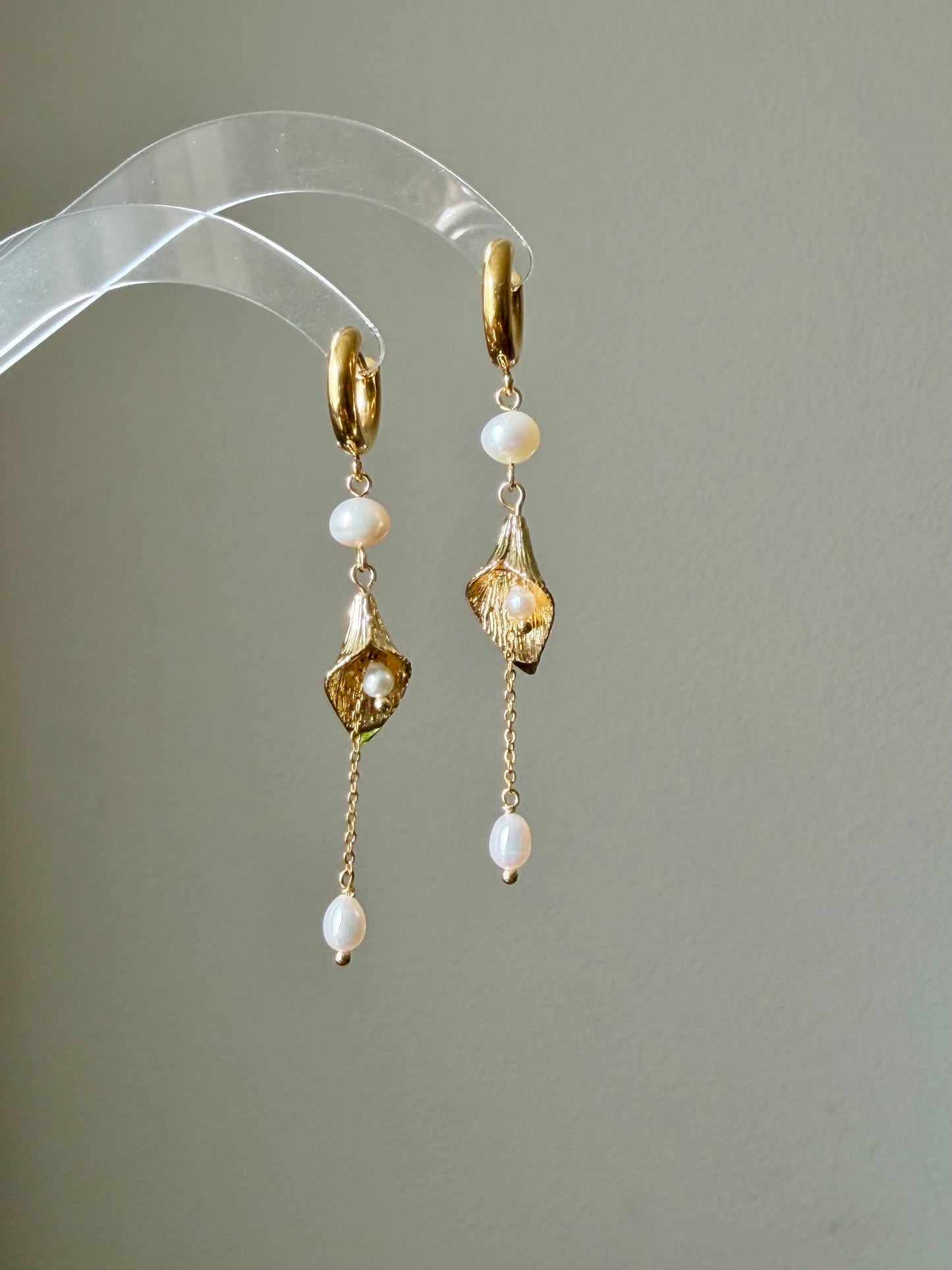 Gold Floral Calla Lily Pearl Tassel Dangle  Earrings  Wedding Bridal Jewelry  Elegant Statement Gift