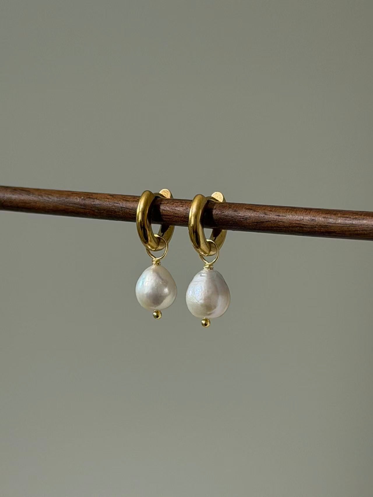 White Baroque Pearl Hoop Earrings Simple Elegant Drop Jewelry