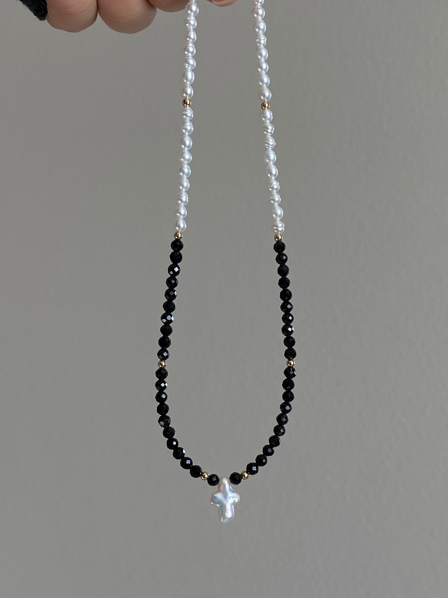 Black Spinel & Pearl Cross Necklace | Multi-Wear Double Bracelet | Tarnish-Free Gold - Your Brand