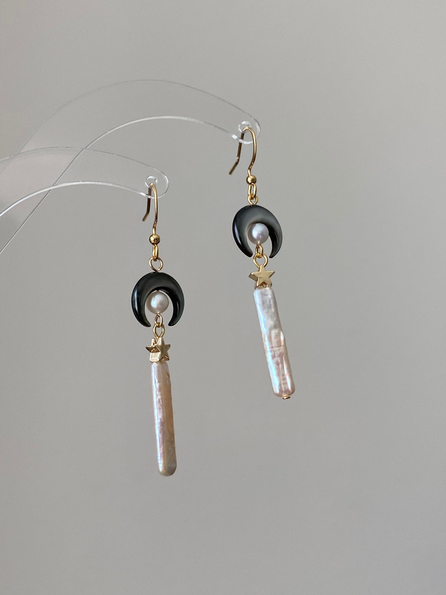 Moon Mother-of-Pearl and Baroque Stick Pearl Earrings – Celestial Mythology Dangle Earrings – Handmade Star and Crescent Moon Jewelry