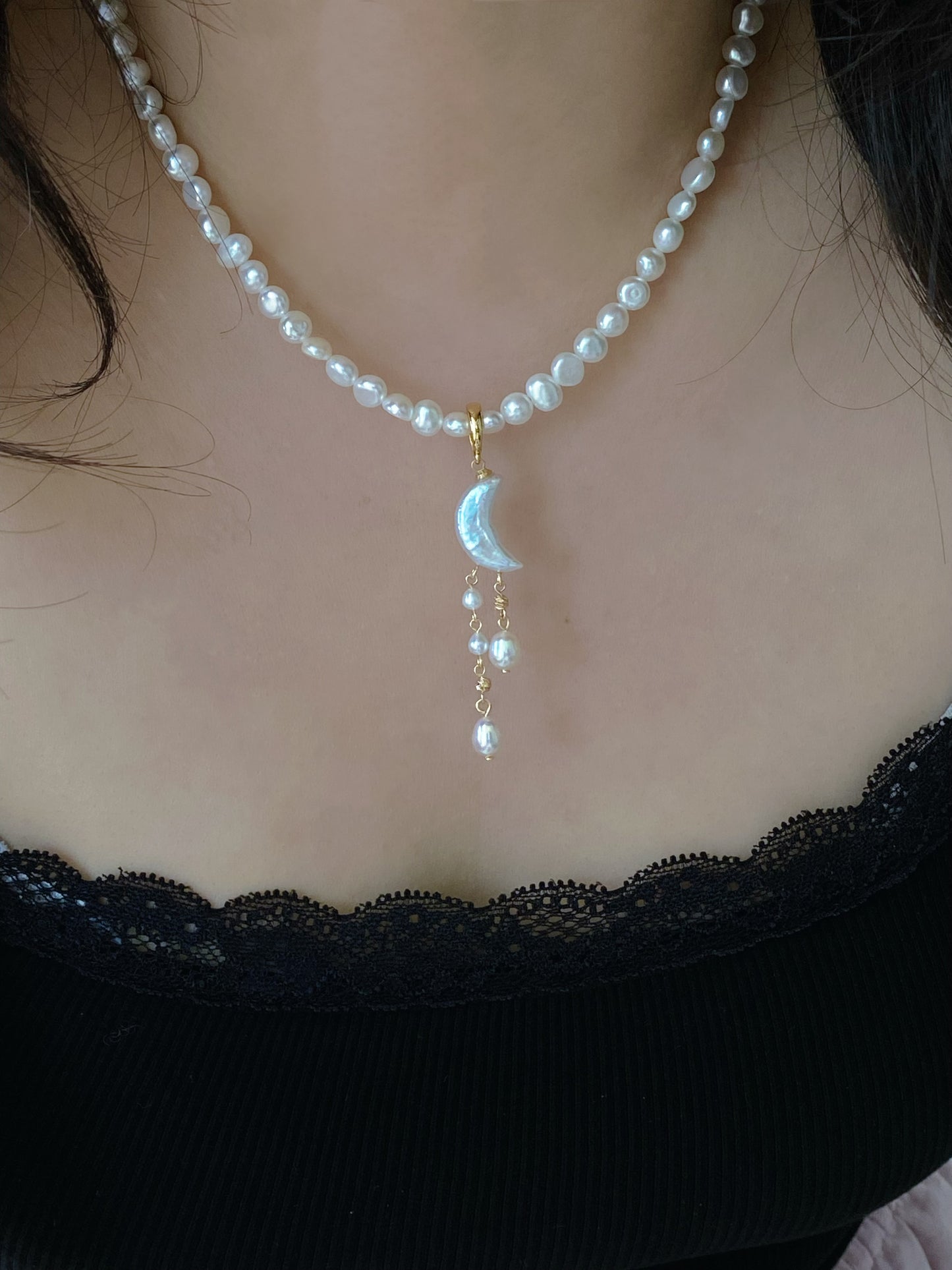 Celestial Cloud  Moon Light Baroque Pearl Necklace Pendant Dangling Earrings