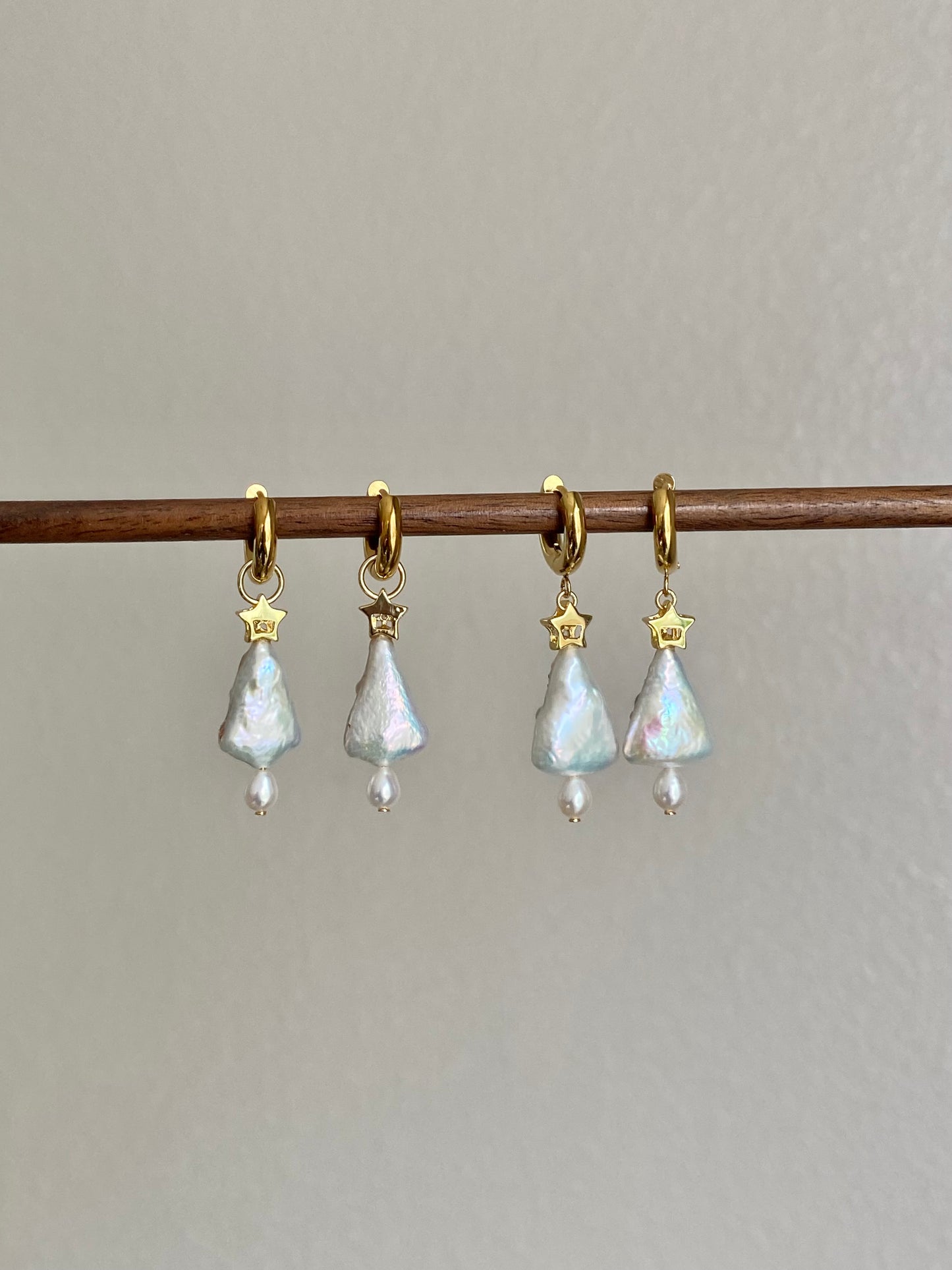 Handmade Christmas Tree Dangle Earrings | Unique Baroque Pearl Drops | Tarnish-Free Hoops