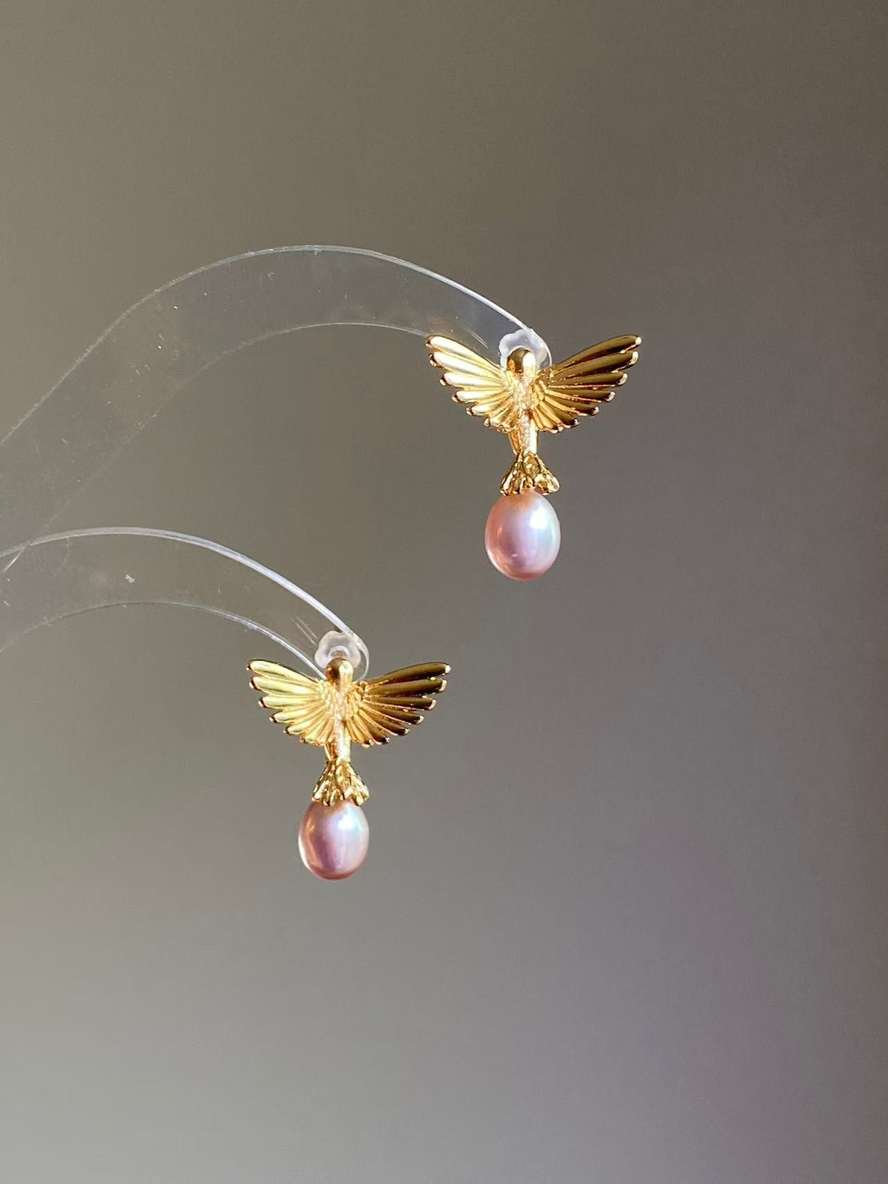 Gold Hummingbird Pearl Drop Earrings Nature Inspired Jewelry