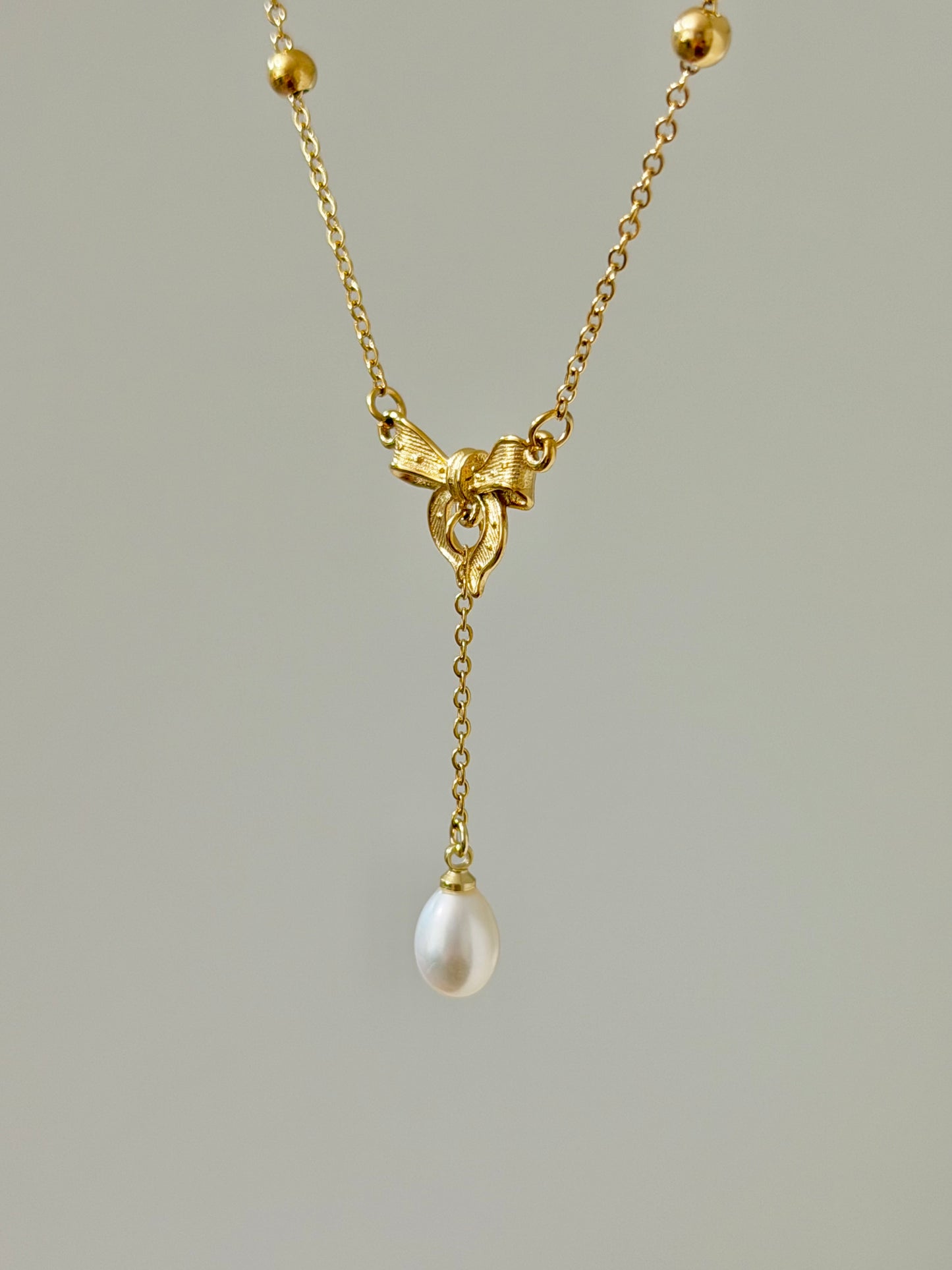 Gold Bow Tie Pearl Drop Y Necklace Vintage Romantic Jewelry