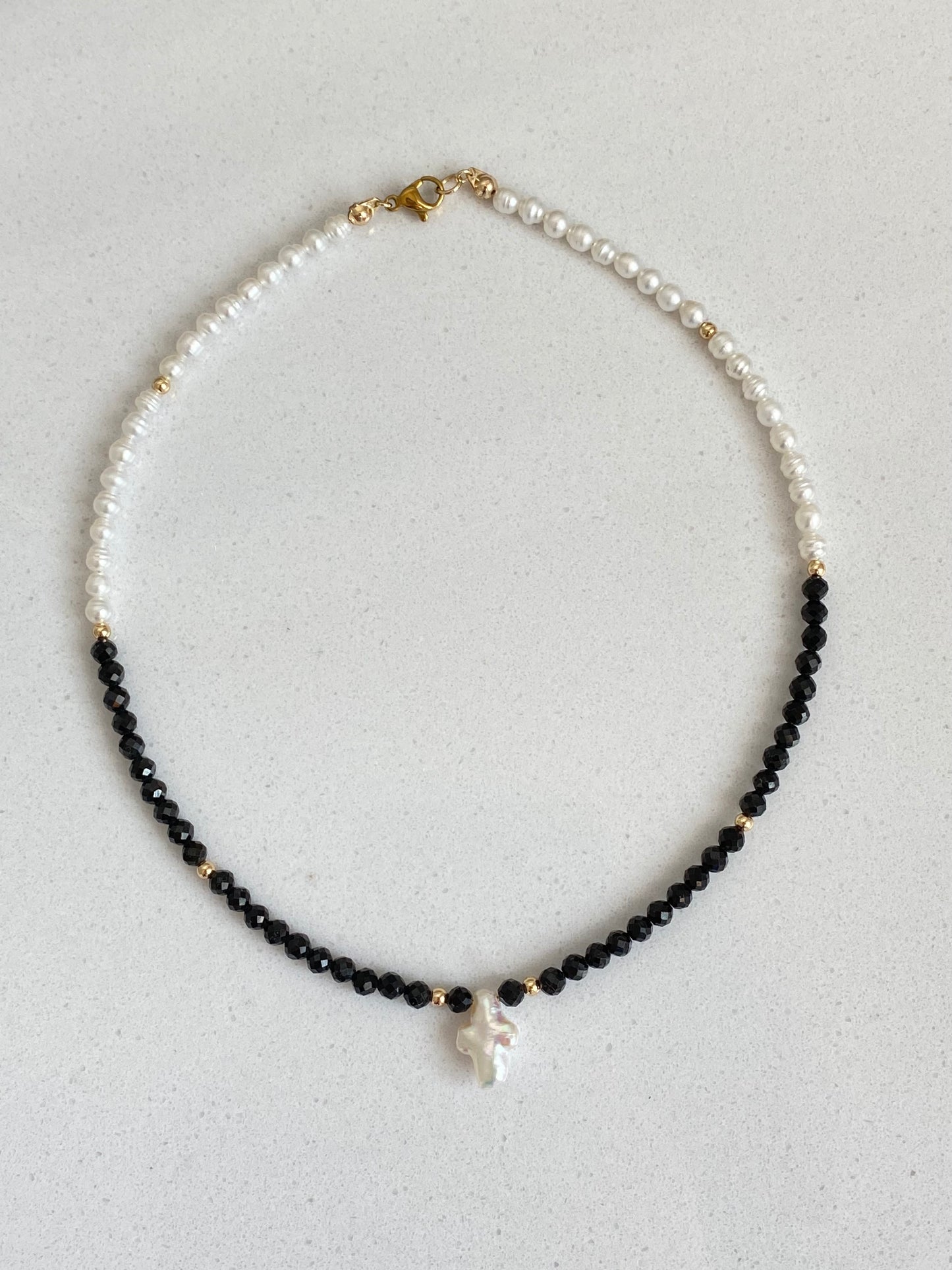 Black Spinel & Pearl Cross Necklace | Multi-Wear Double Bracelet | Tarnish-Free Gold - Your Brand