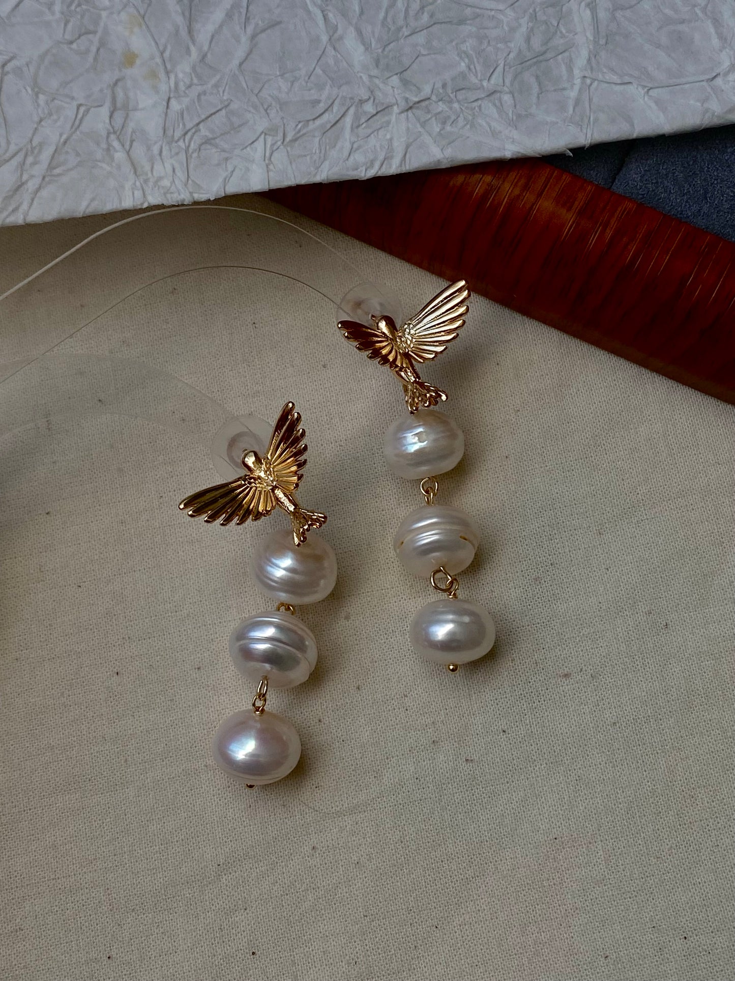 Baroque Triple Pearl Drop Earrings with Gold Hummingbird Studs – Elegant Nature-Inspired Statement Weddings Earrings